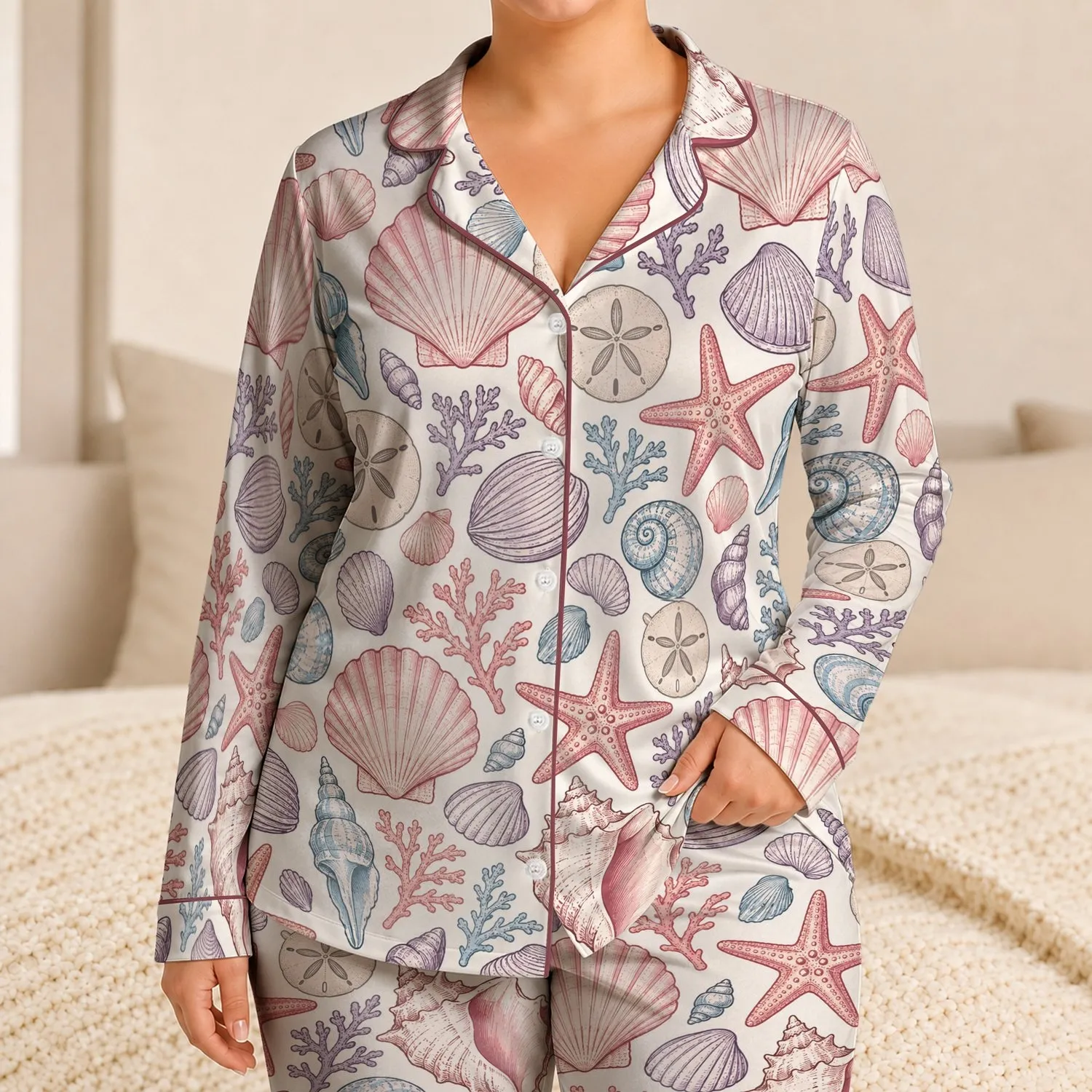 Seashells and Starfish for Relaxed Coastal Getaways and Breezy Island Morning Escapes Satin Pajamas Set - 1
