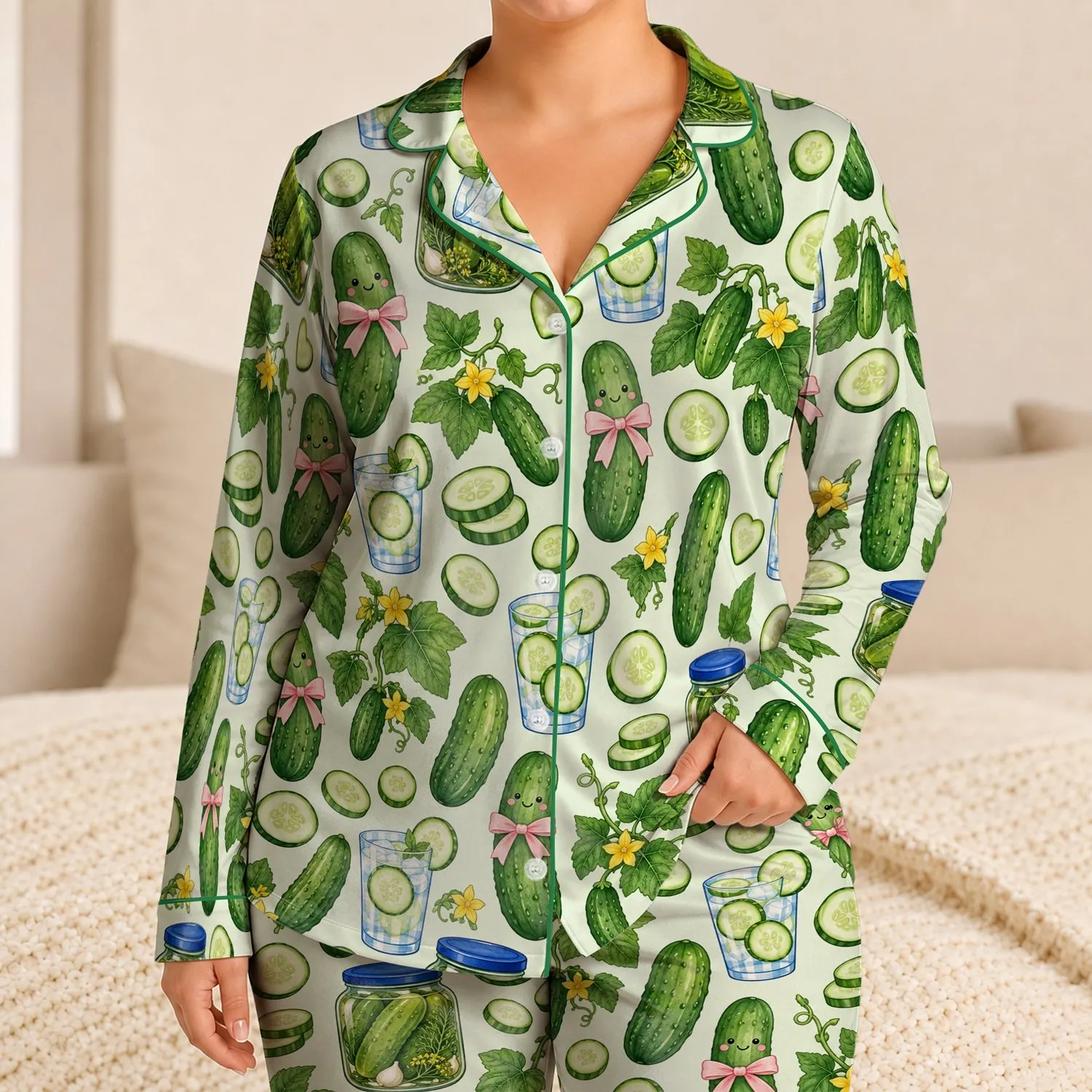 Cucumber Jar and Pickle Friends for Cozy Evenings at Home and Relaxed Lounging Satin Pajamas Set - 1