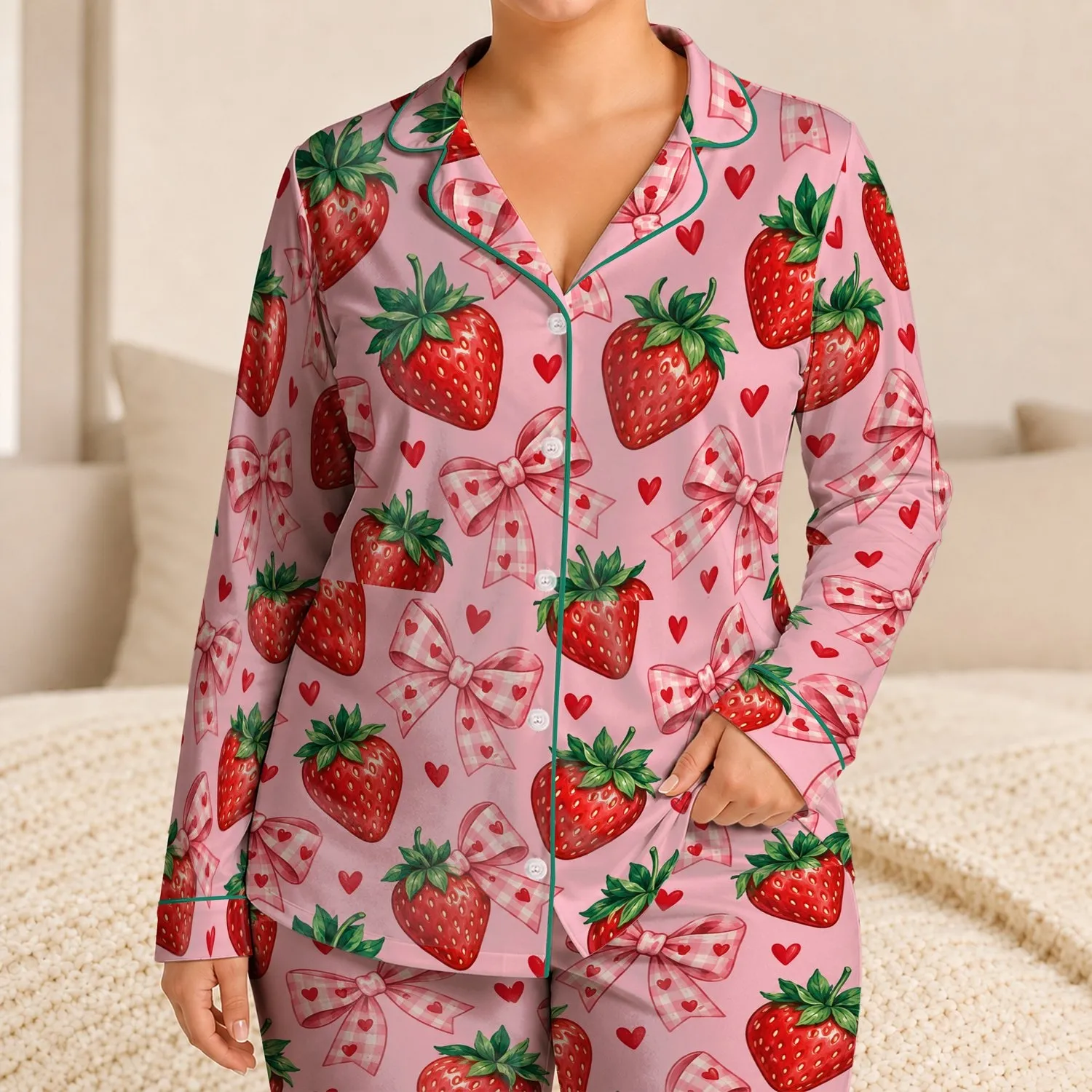 Strawberry Bow and Heart Motif for Sweet Holiday Lounging Satin Pajamas Set - 1