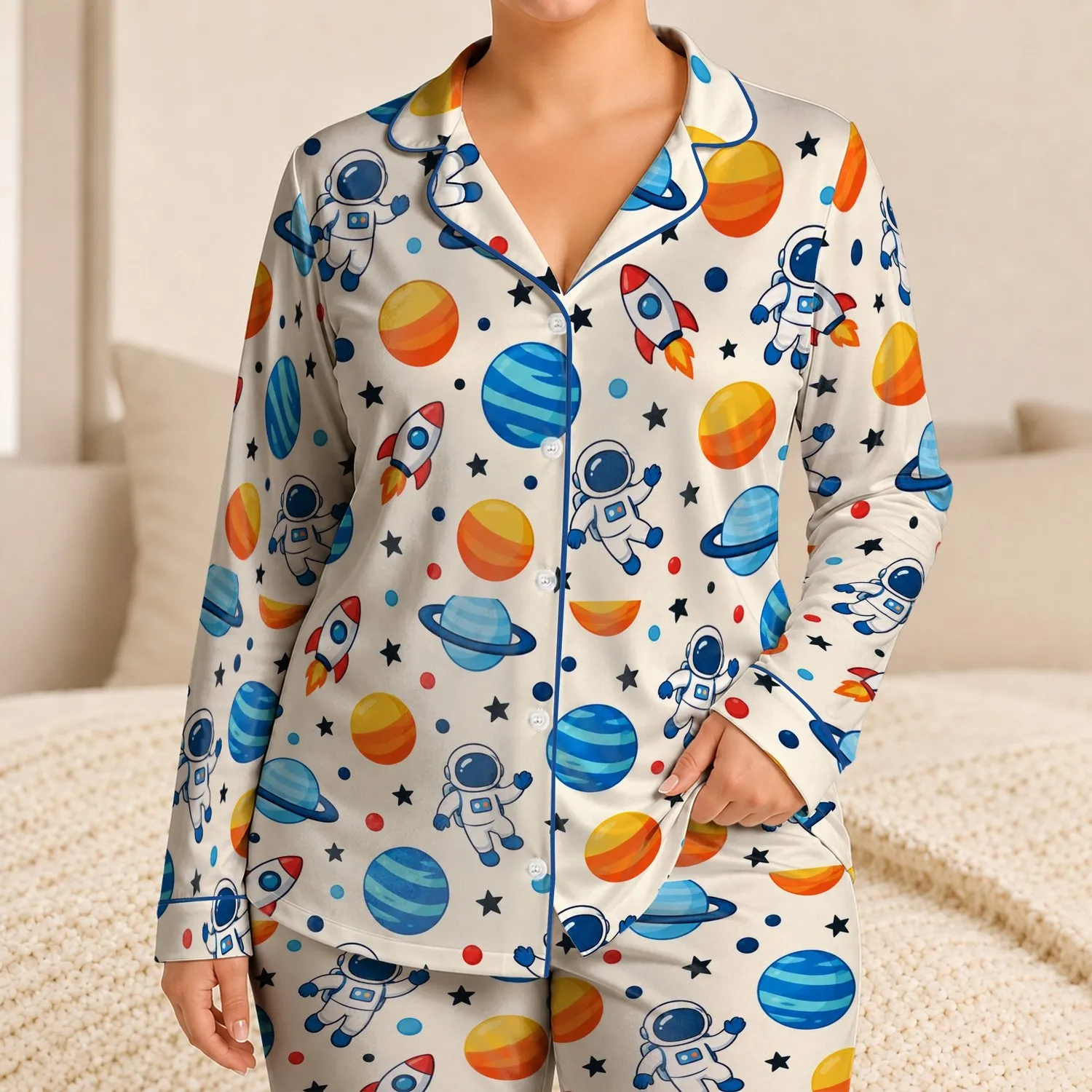 Colorful Planet And Astronaut Space Adventure For Father's Day Family Fun Satin Pajamas Set - 1