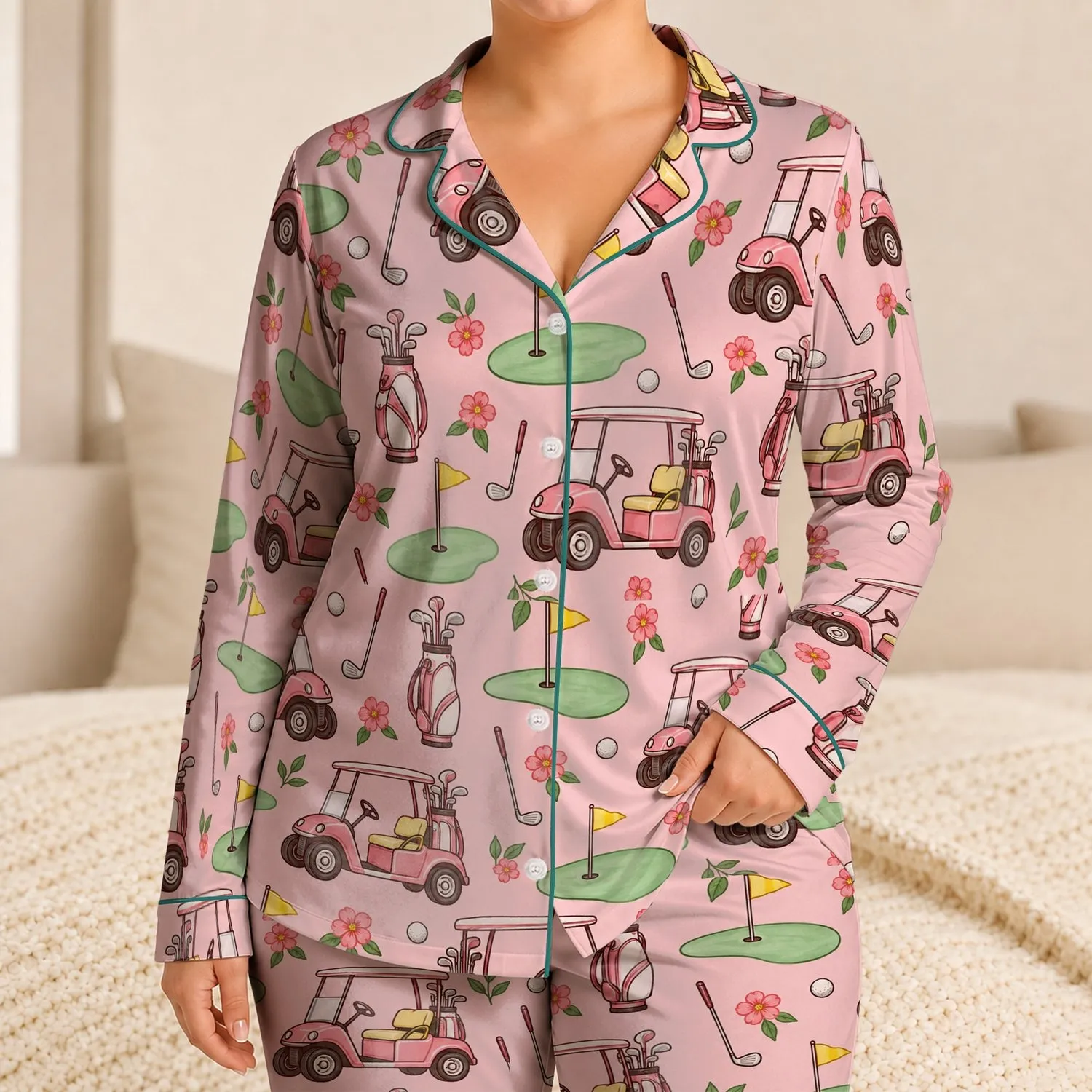 Pink Golf Carts, Putting Greens and Golf Clubs for Cheerful Family Getaways for Kids Satin Pajamas Set - 1