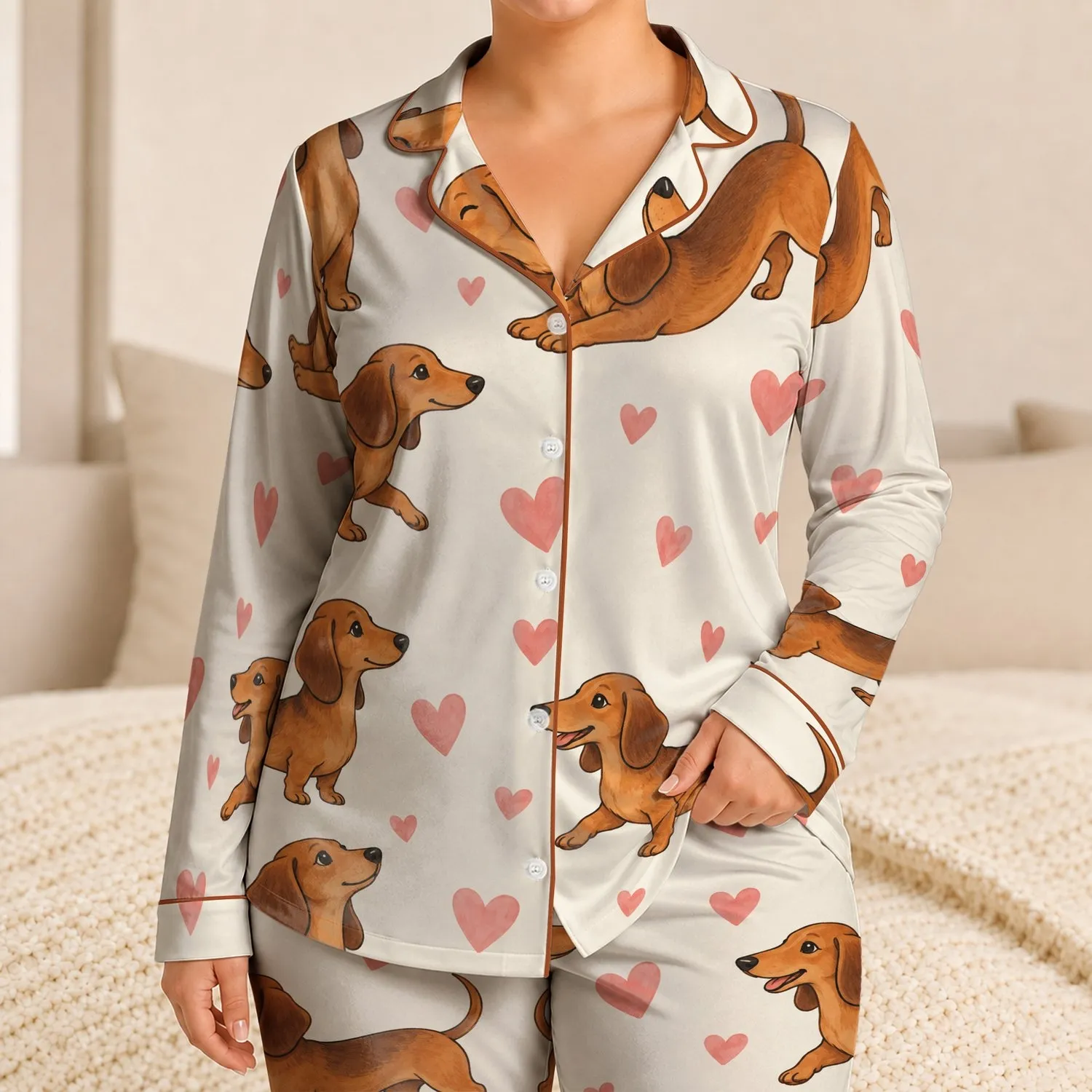 Chestnut Dachshunds and Pink Hearts for Cozy Evenings and Sweet Dreams Satin Pajamas Set - 1