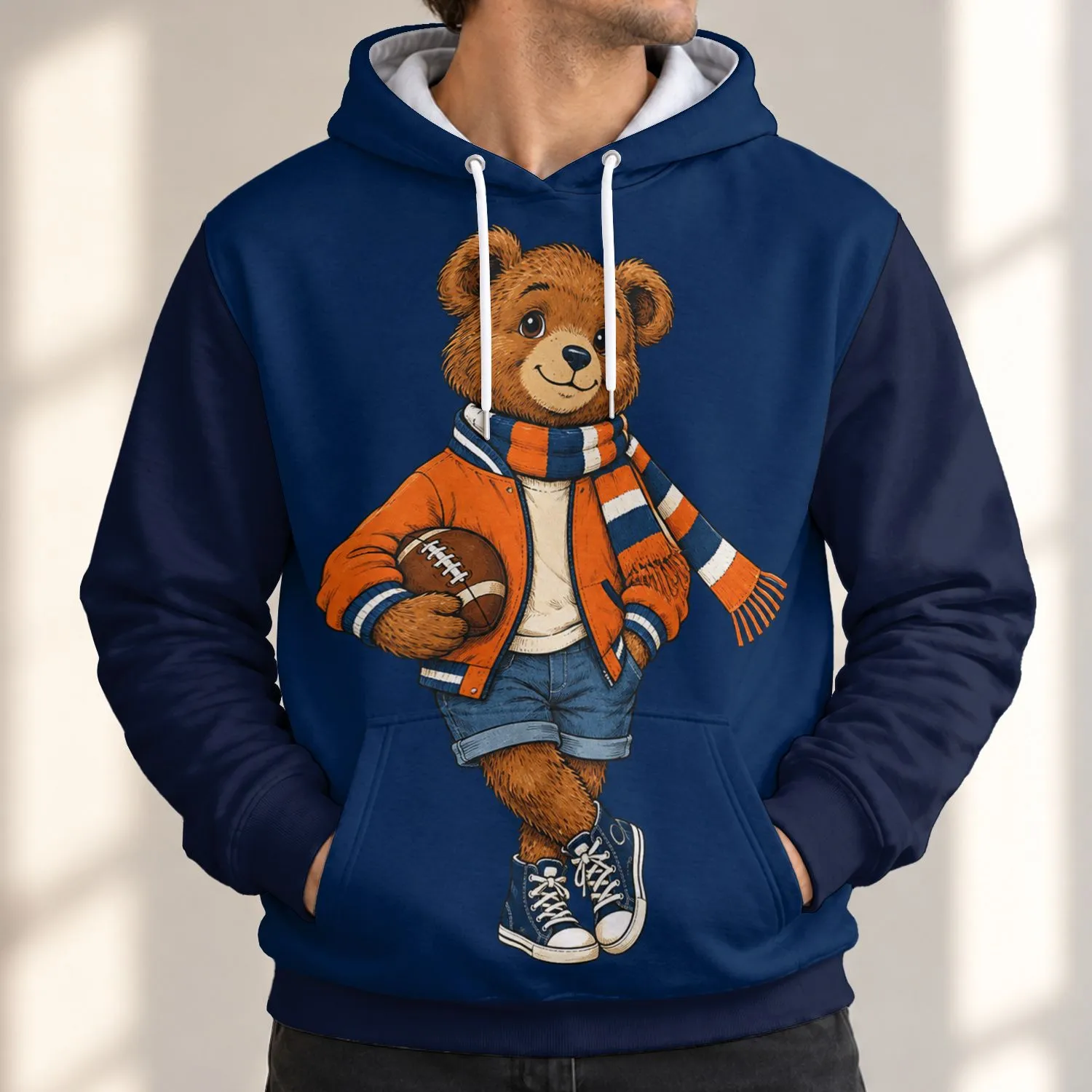 Vintage Brown Bear Football Fan With Scarf For Autumn Game Day And Campus Style Wear All-over Print Hoodie (Lightweight) - 1