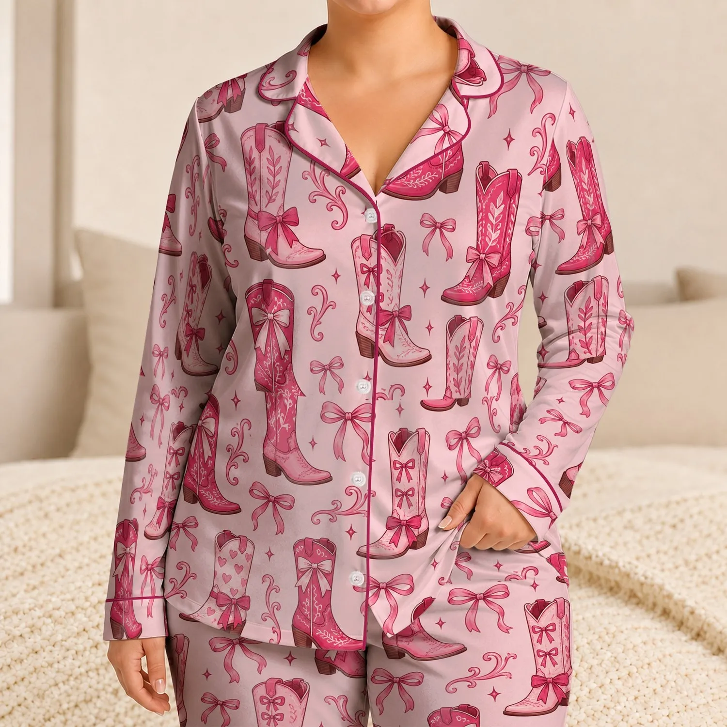 Pink Cowboy Boots and Western Bows for Cozy Ranch-Inspired Evenings for Teens and Girls Satin Pajamas Set - 1