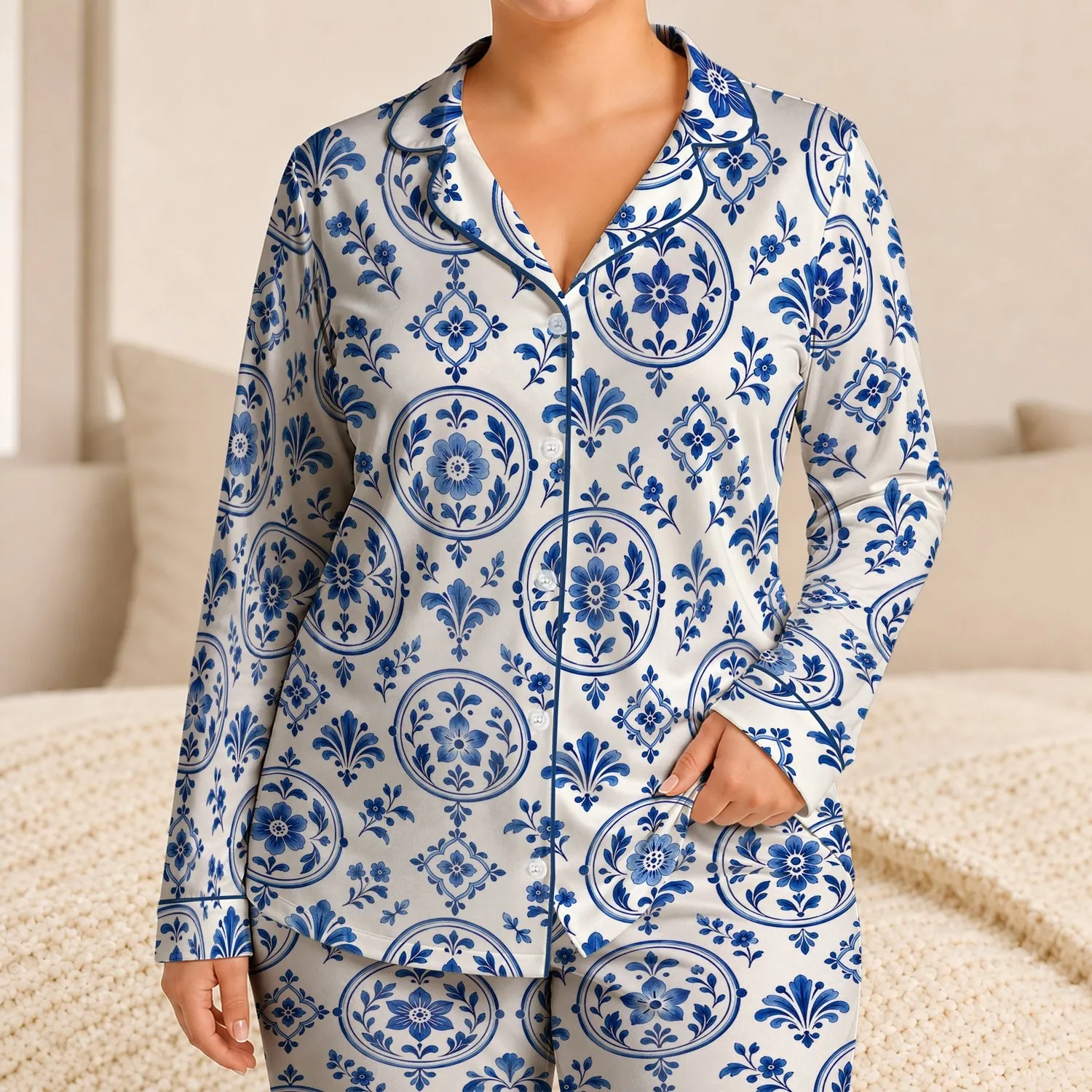 Blue Porcelain Medallions for Breezy Beach Days and Relaxed Summer Moments for Girls Satin Pajamas Set - 1
