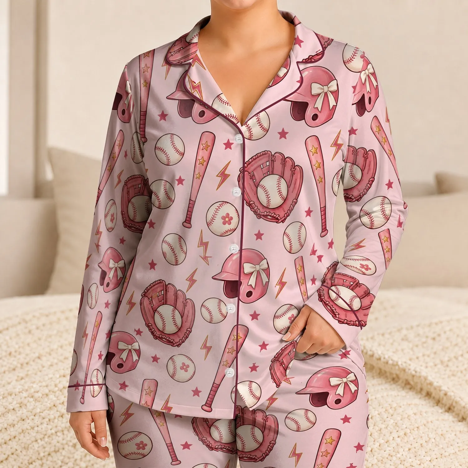 Pink Baseball Gear for Cozy Game-Day Lounging and Cheerful Everyday Comfort at Home Satin Pajamas Set - 1