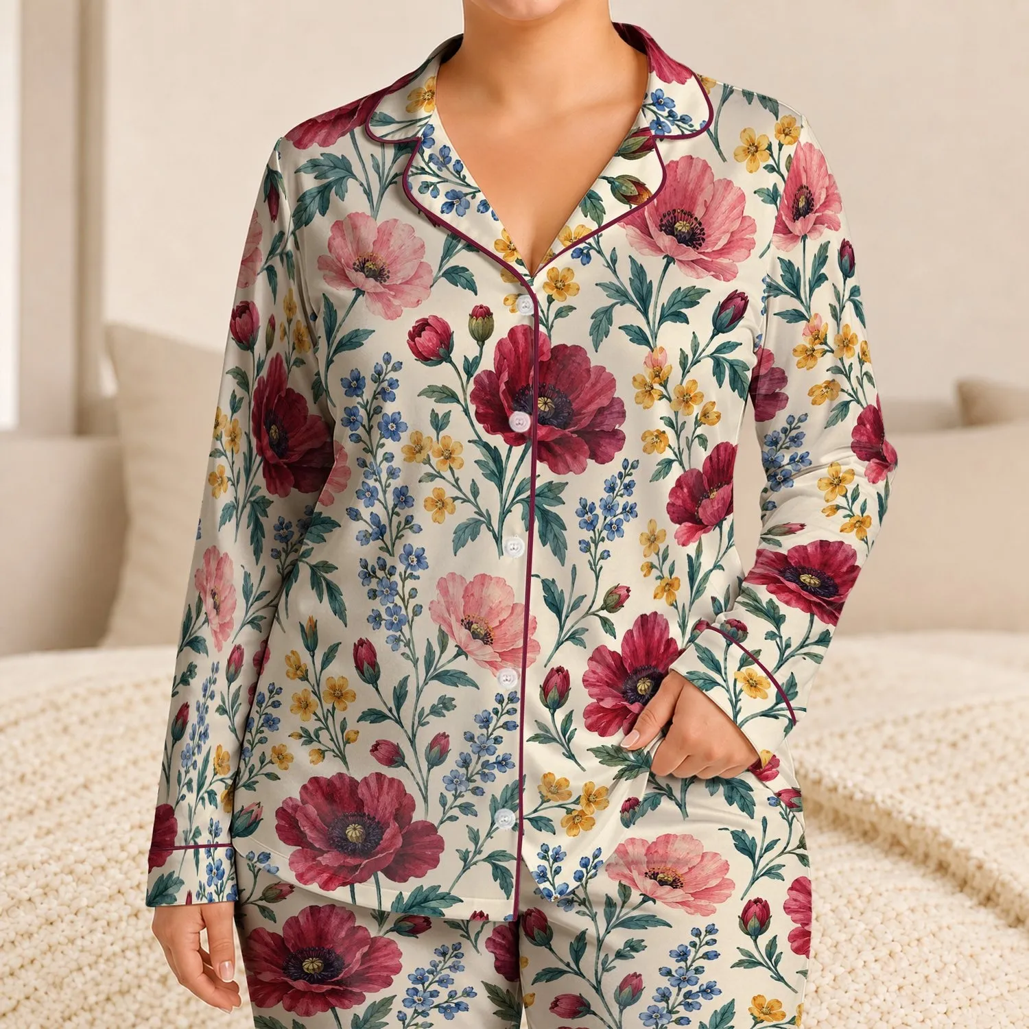 French Garden Peonies and Wildflowers for Romantic Springtime Moments and Gifting Satin Pajamas Set - 1