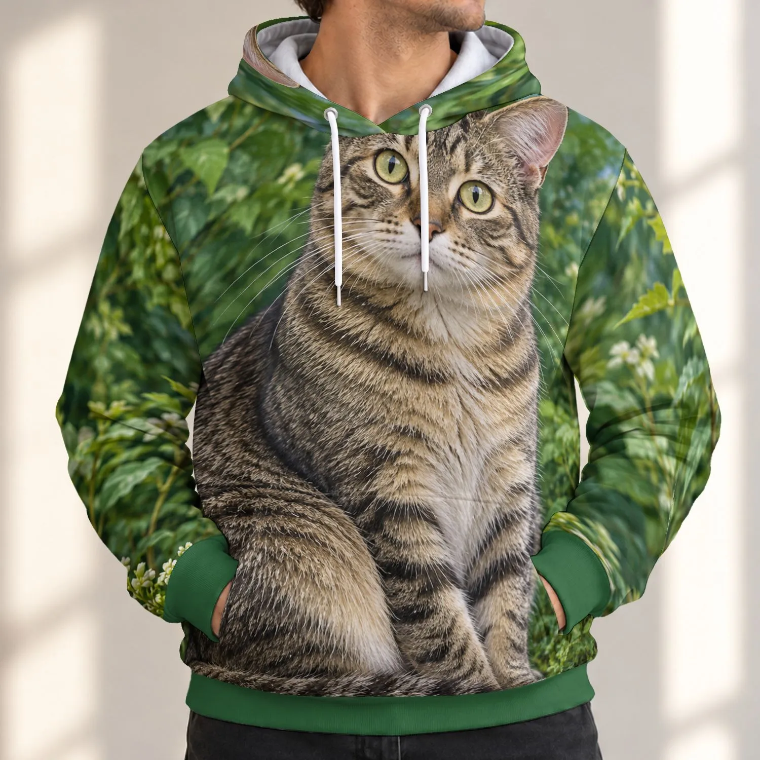 Wide-Eyed Tabby Cat in Lush Greenery for Everyday Nature Lovers All-over Print Hoodie (Lightweight) - 1