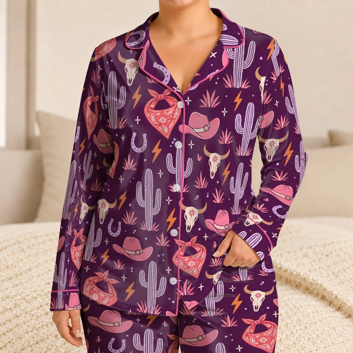 Colorful Cactus and Cowboy Western Icons for Cozy Bedtime Adventures for Kids Satin Pajamas Set - 1