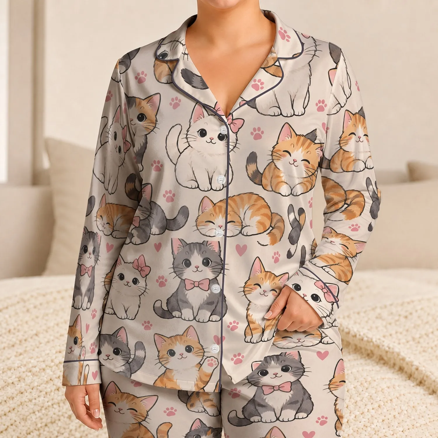Cute Cartoon Cats for Cozy Bedtime Routines and Sweet Sleepovers for Girls Satin Pajamas Set - 1