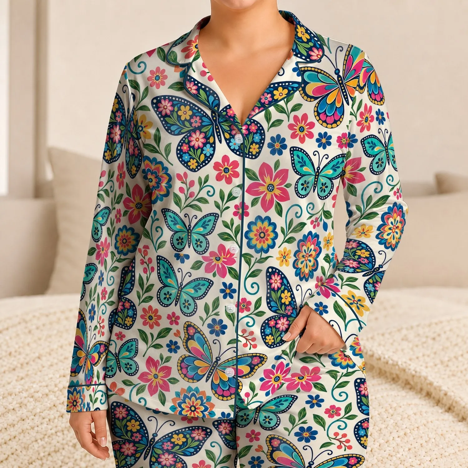 Colorful Butterfly And Wildflower Boho Art For Birthday Outings And Girls' Gifts Satin Pajamas Set - 1