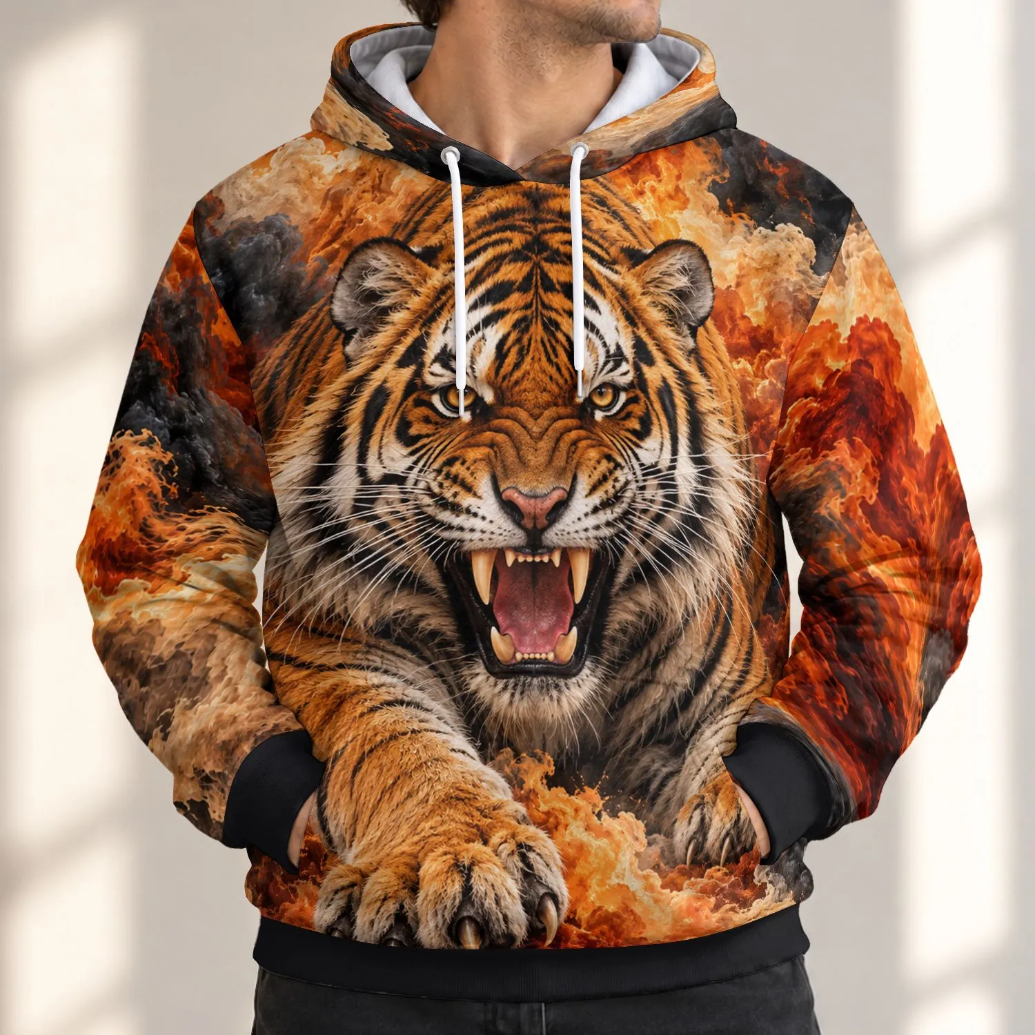 Roaring Bengal Tiger In Fiery Smoke For Outdoor Adventures And Wildlife Enthusiasts All-over Print Hoodie (Lightweight) - 1