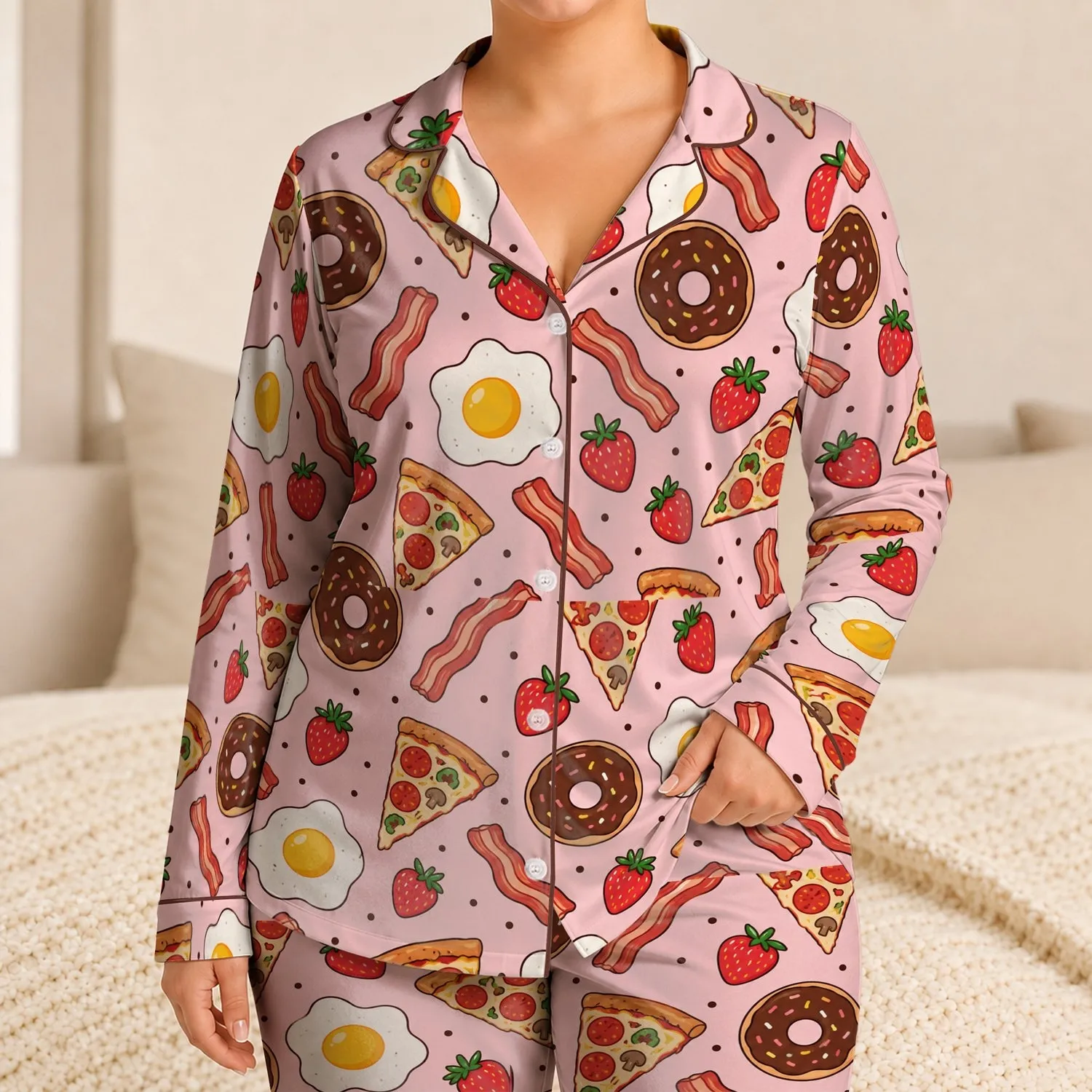 Fried Egg Donut Strawberry Snacks for Cozy Summer Nights and Playful Girls Satin Pajamas Set - 1
