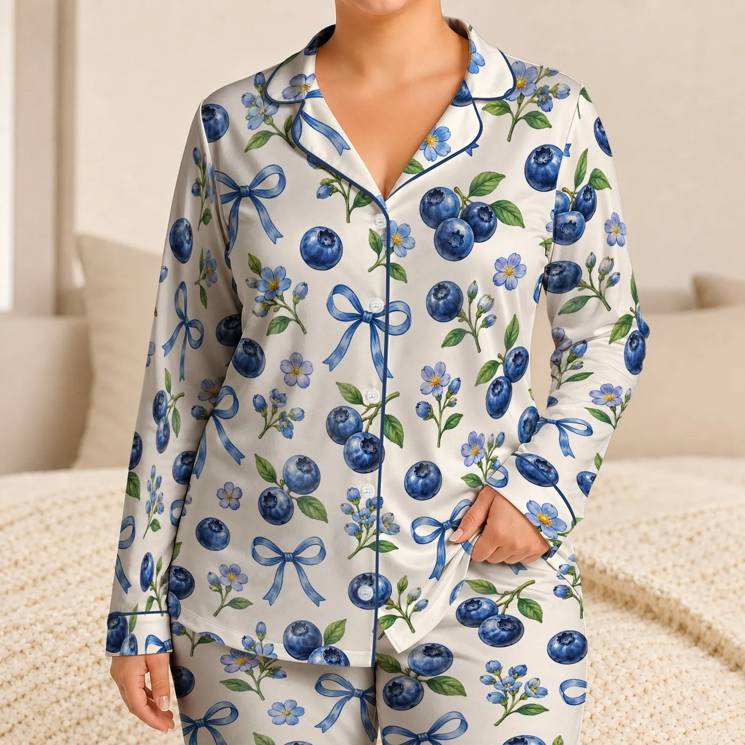 Blueberry Bow And Blossom Motifs For Sweet Summer Lounging And Cozy Bedtime Moments Satin Pajamas Set - 1