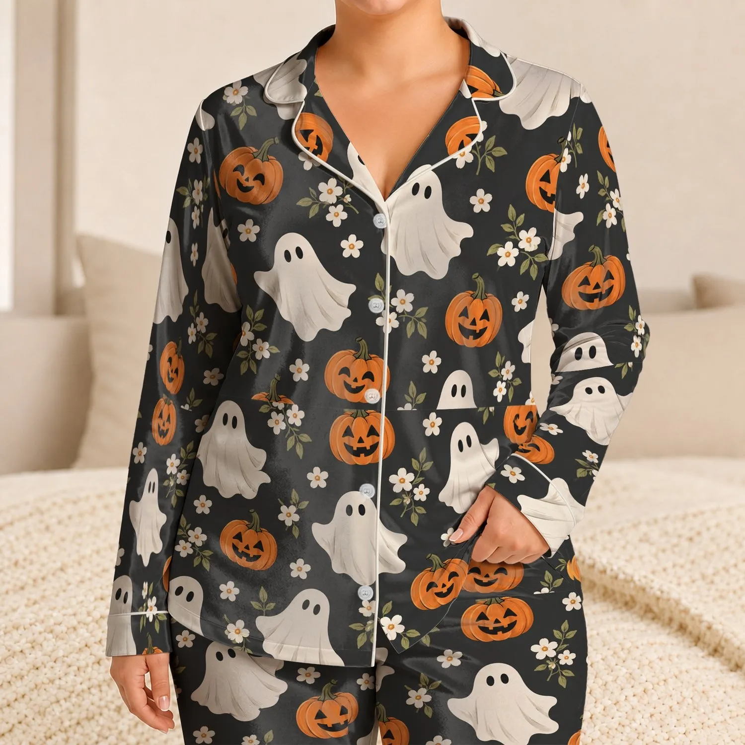 Ghosts And Jack-O'-Lanterns For Cozy Halloween Nights And Fall Celebrations Satin Pajamas Set - 1