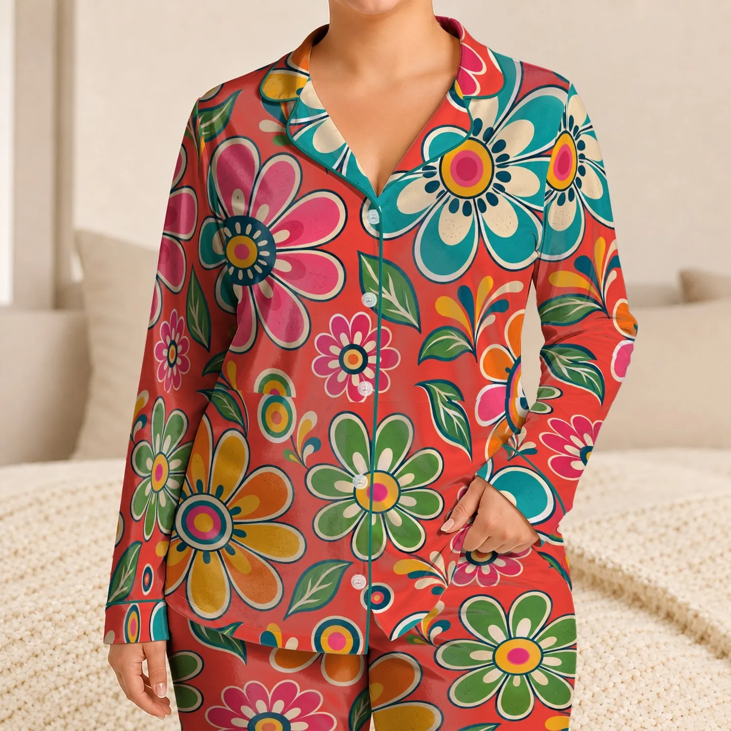 Retro Pop Art Daisies for Cheerful Weekend Lounging and Relaxed Evenings Satin Pajamas Set - 1