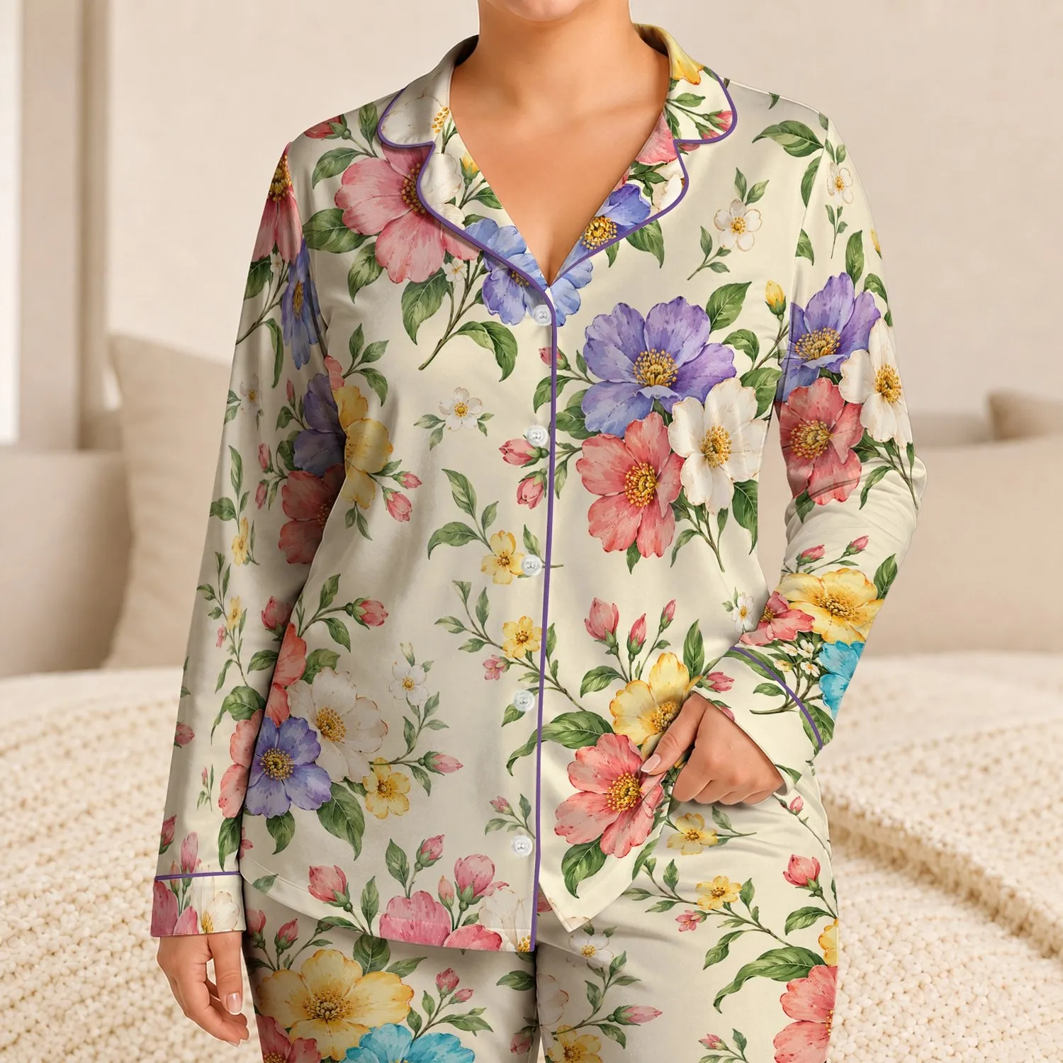 Colorful Garden Blossoms For Cheerful Summer Bedtime And Cozy Nights Satin Pajamas Set - 1