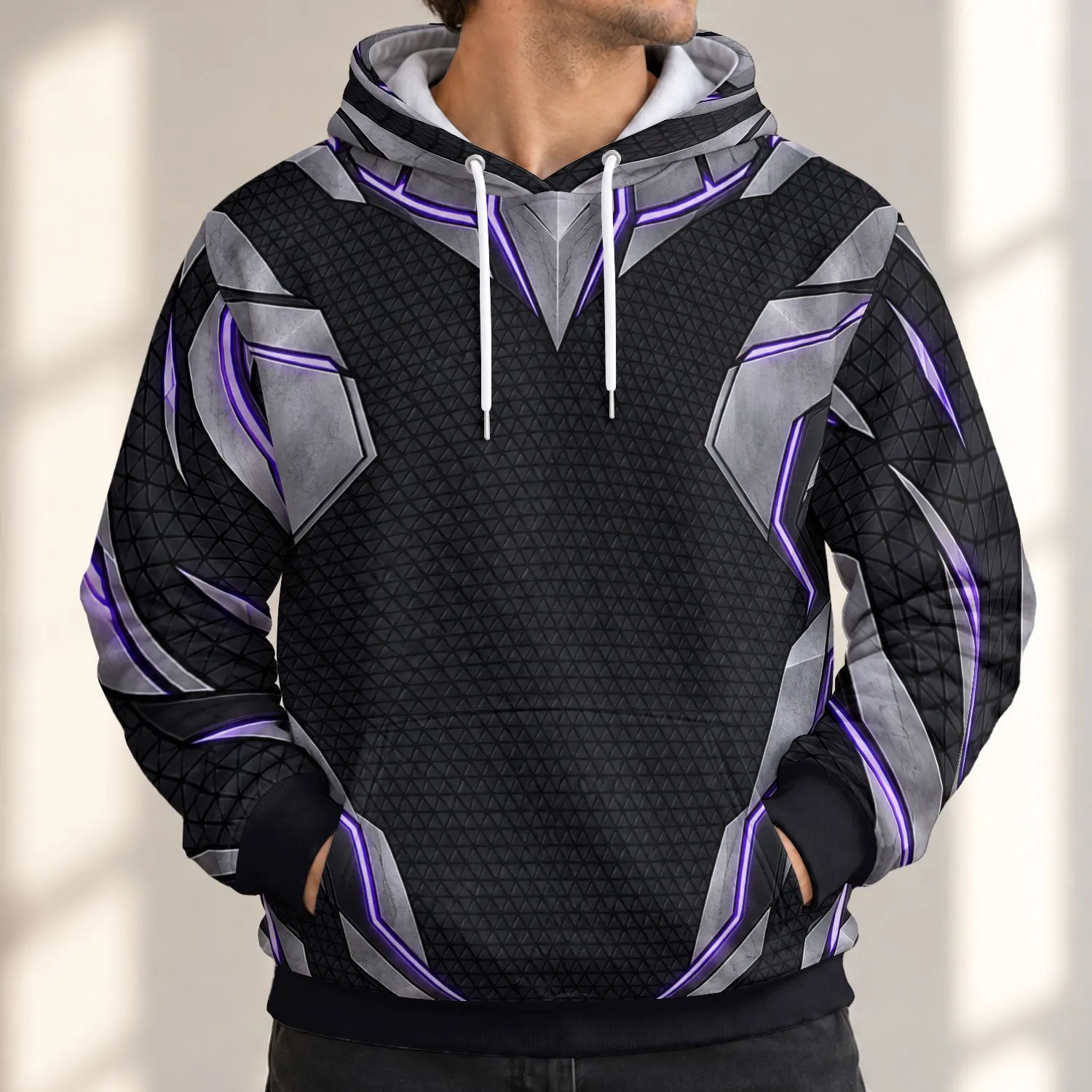 Black Geometric Armor and Violet Accents for Cosplay Events and Everyday Fandom Wear All-over Print Hoodie (Lightweight) - 1