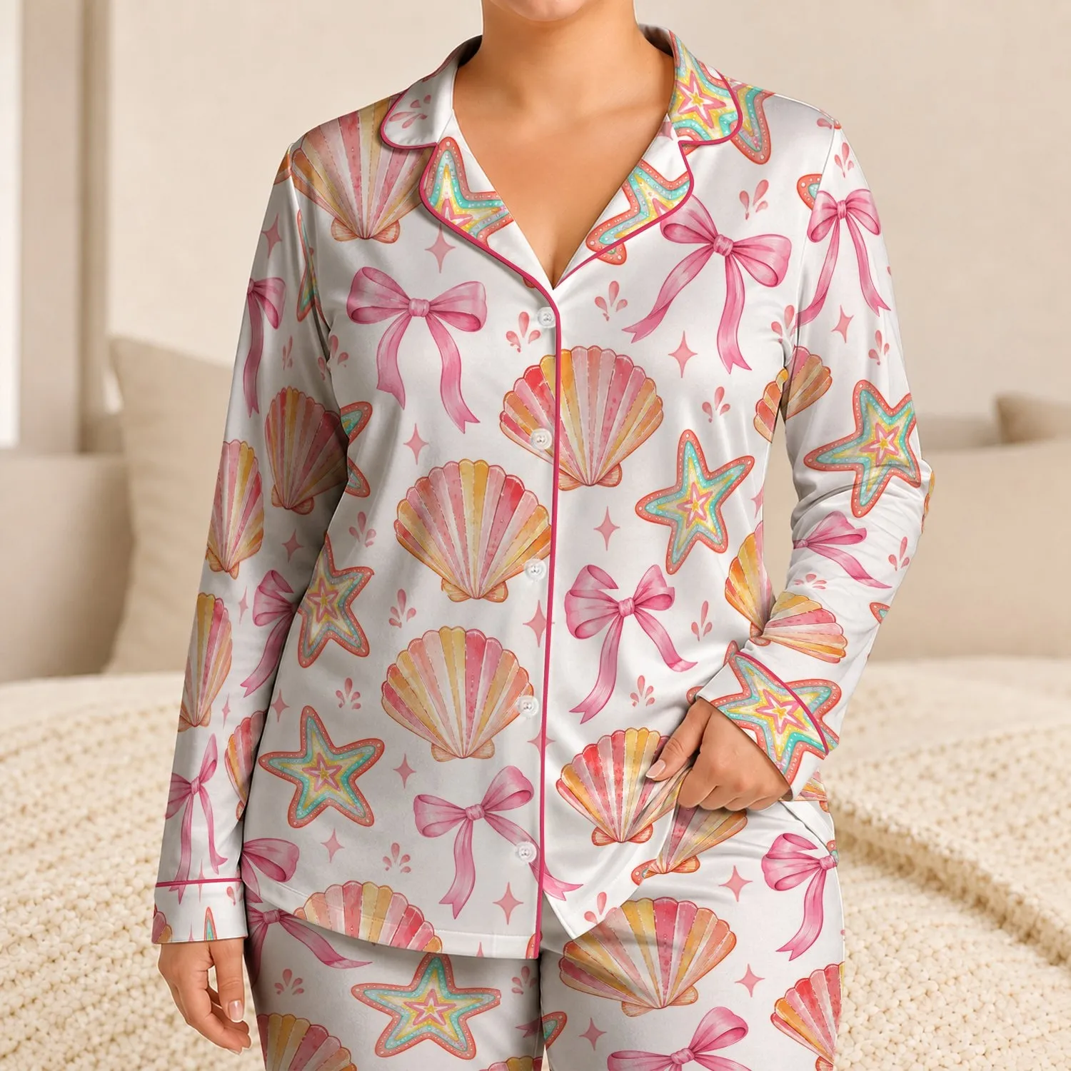 Seashells Starfish And Pink Bows For Sunny Coastal Summer Celebrations For Kids Satin Pajamas Set - 1