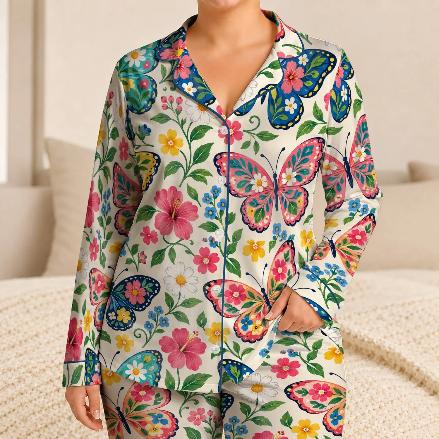 Colorful Butterfly and Flower Motifs for Sunny Summer Getaways and Picnics Satin Pajamas Set - 1