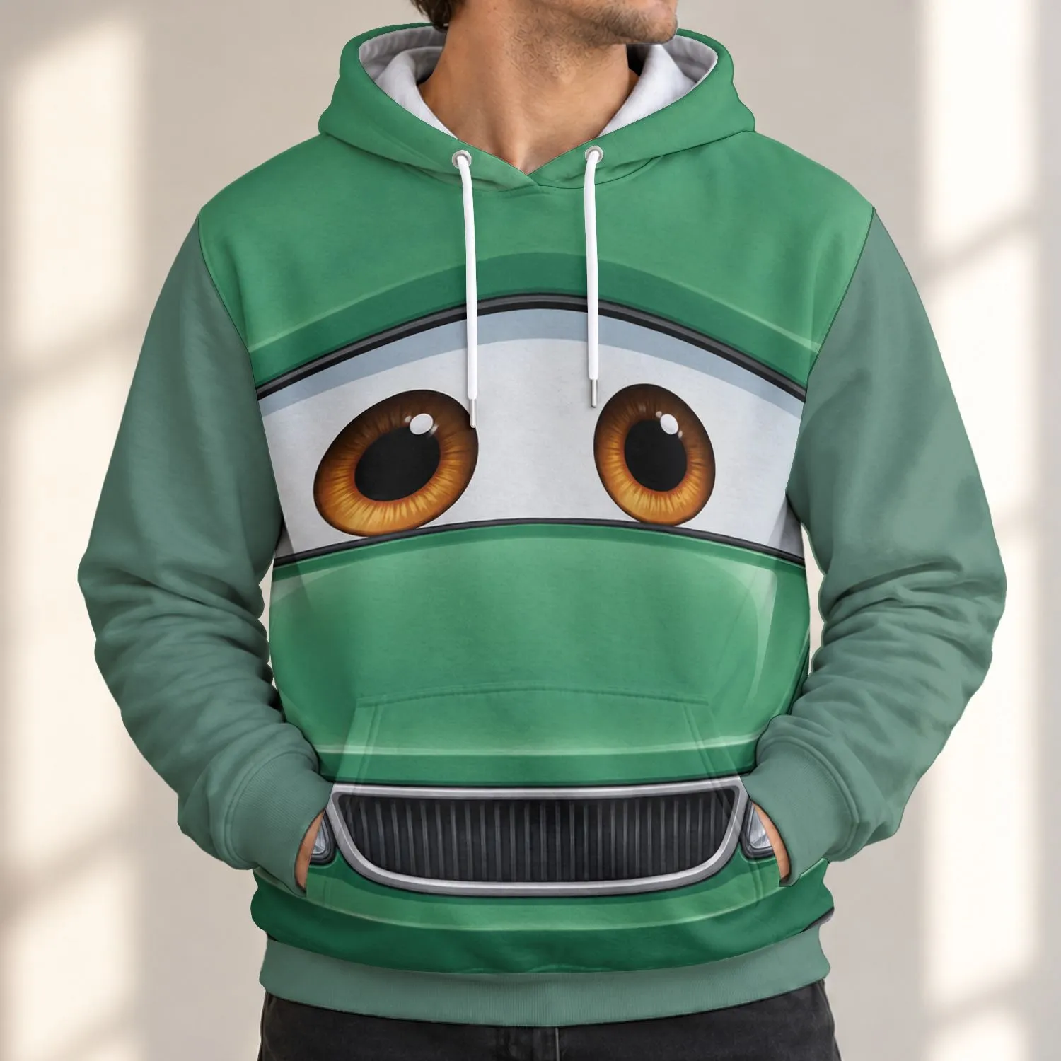 Green Cartoon Race Car Front for Halloween Cosplay and Family Theme Park Outings All-over Print Hoodie (Lightweight) - 1