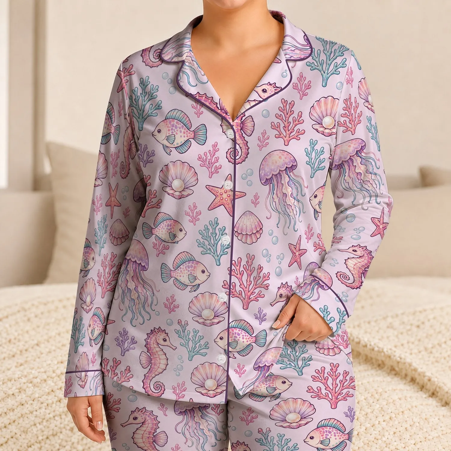 Pastel Ocean Creatures for Cozy Coastal Nights and Sweet Little Explorer Adventures Satin Pajamas Set - 1