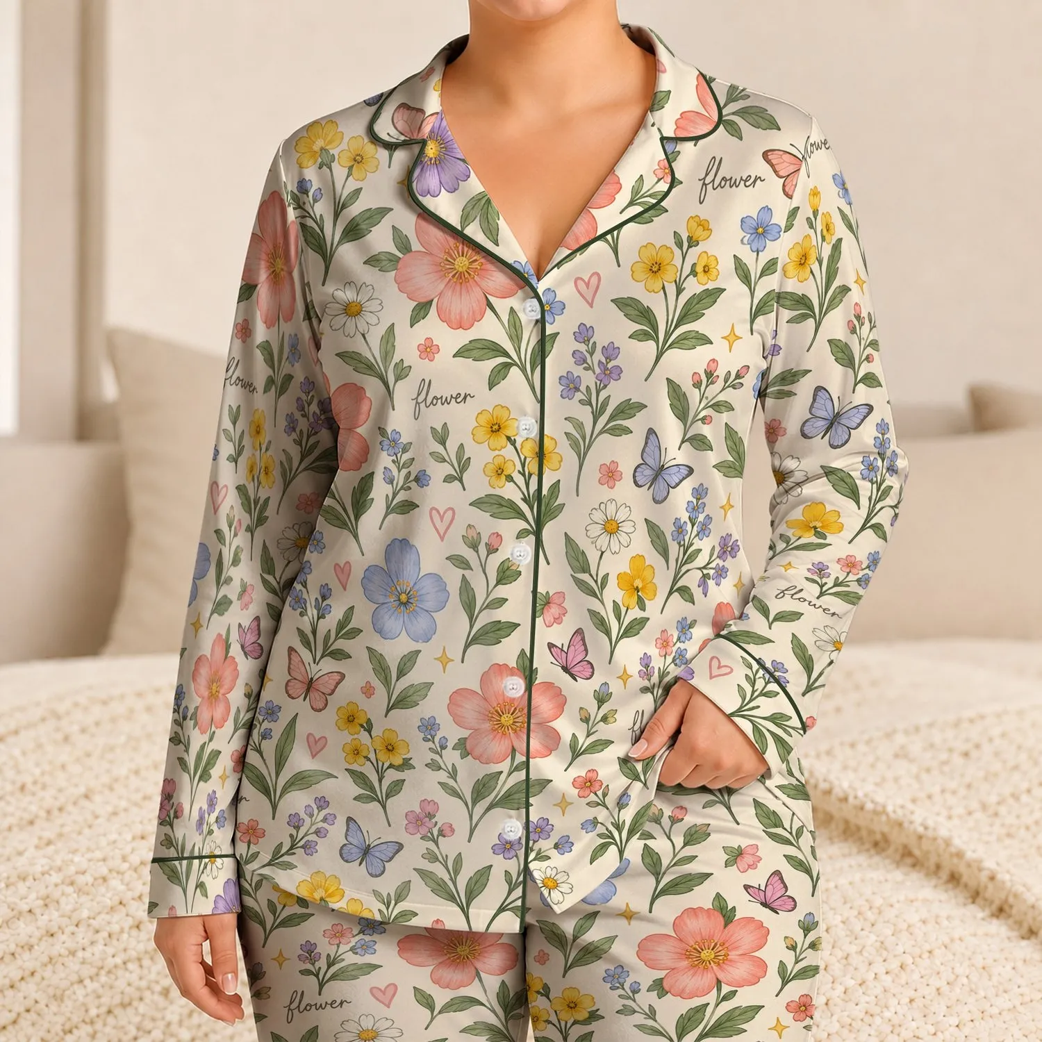 Whimsical Garden Flowers And Butterflies For Cozy Bedtime, Sweet Gift For Girls Satin Pajamas Set - 1