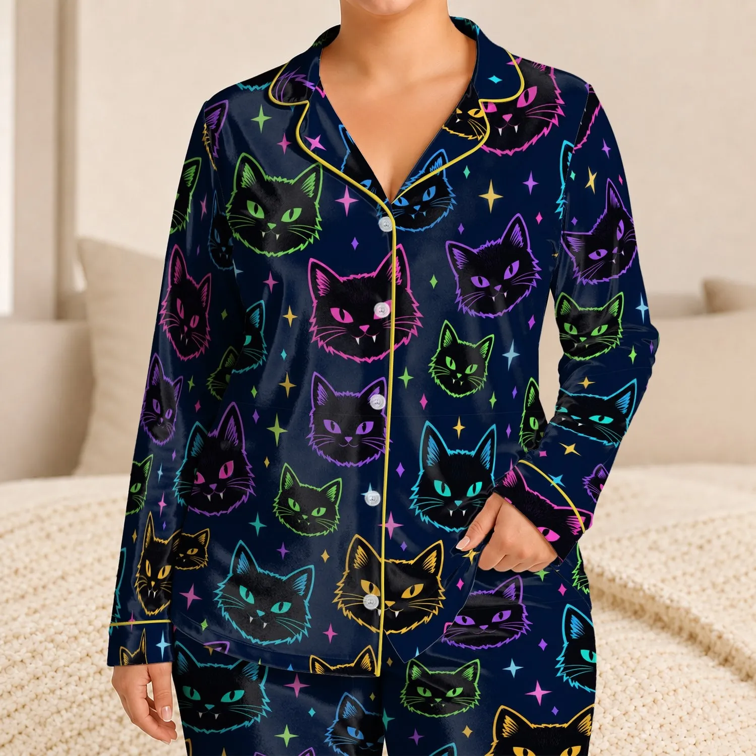 Neon Cat Faces and Colorful Stars for Cozy Fall Nights and Halloween Fun Satin Pajamas Set - 1