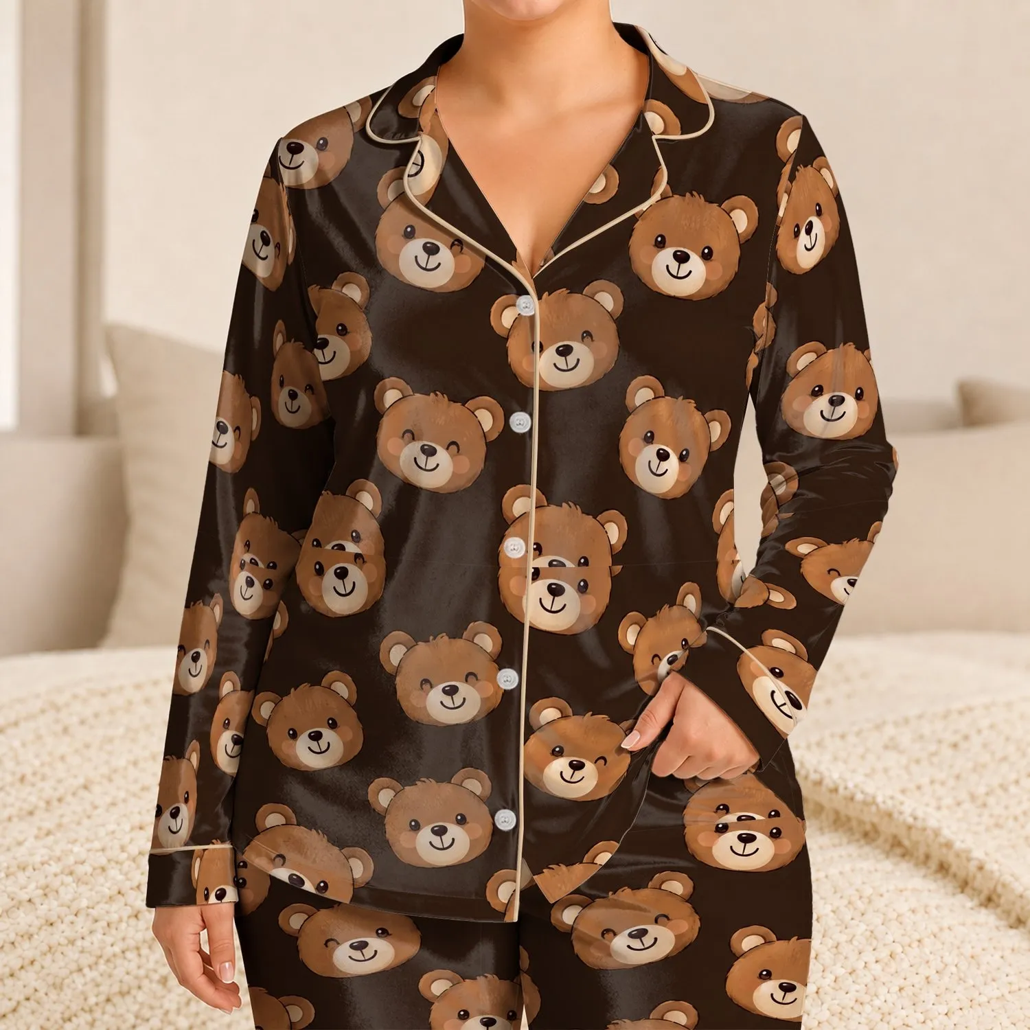 Cute Brown Bear Faces for Cozy Bedtime Adventures and Playful Nights for Boys and Girls Satin Pajamas Set - 1