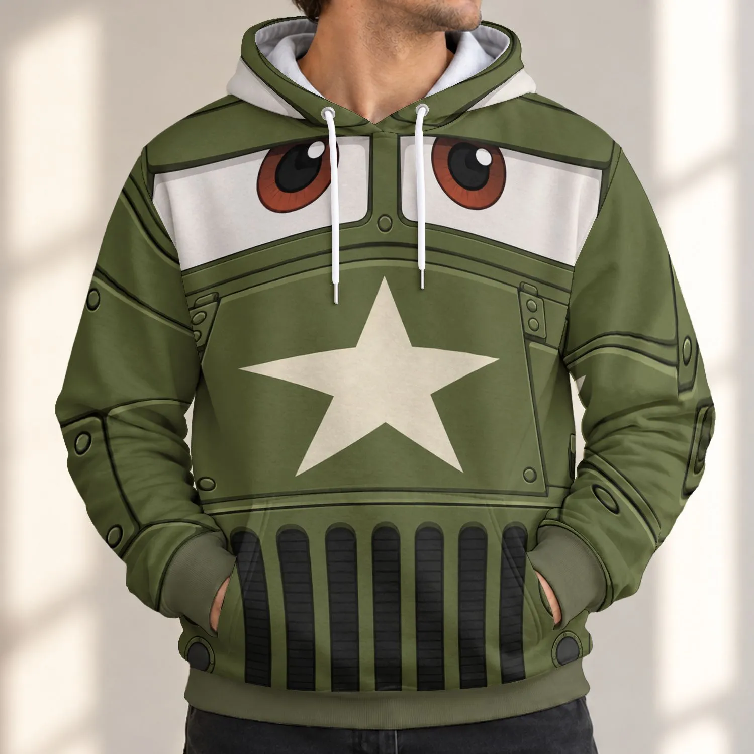 Olive Military Jeep Face for Car Fans, Road Trips, and Casual Everyday Adventures All-over Print Hoodie (Lightweight) - 1