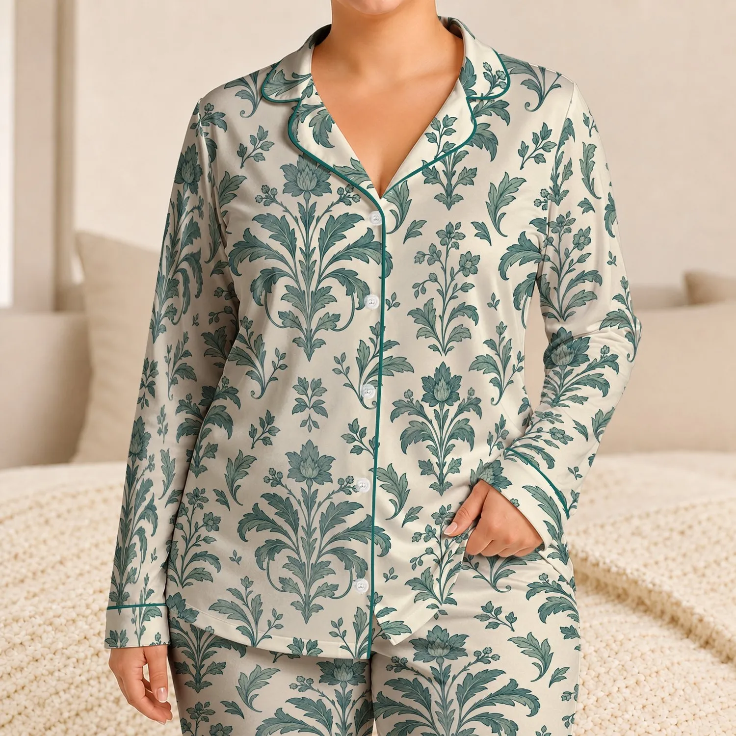 Teal Damask Botanicals for Cottage Garden Getaways and Easy Summer Days for Girls Satin Pajamas Set - 1