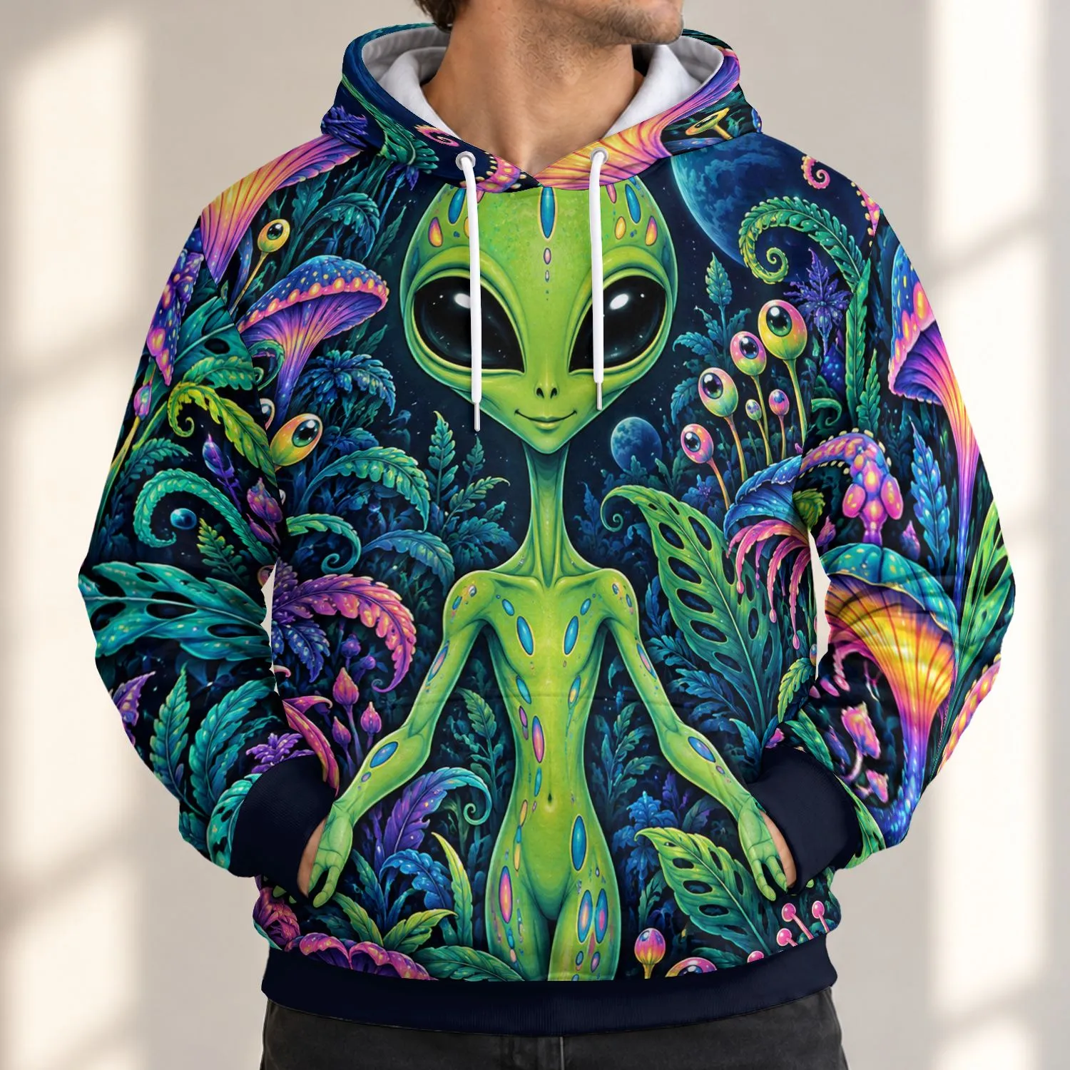 Green Alien And Exotic Garden Scene For Cosmic Fantasy Streetwear Fans All-over Print Hoodie (Lightweight) - 1