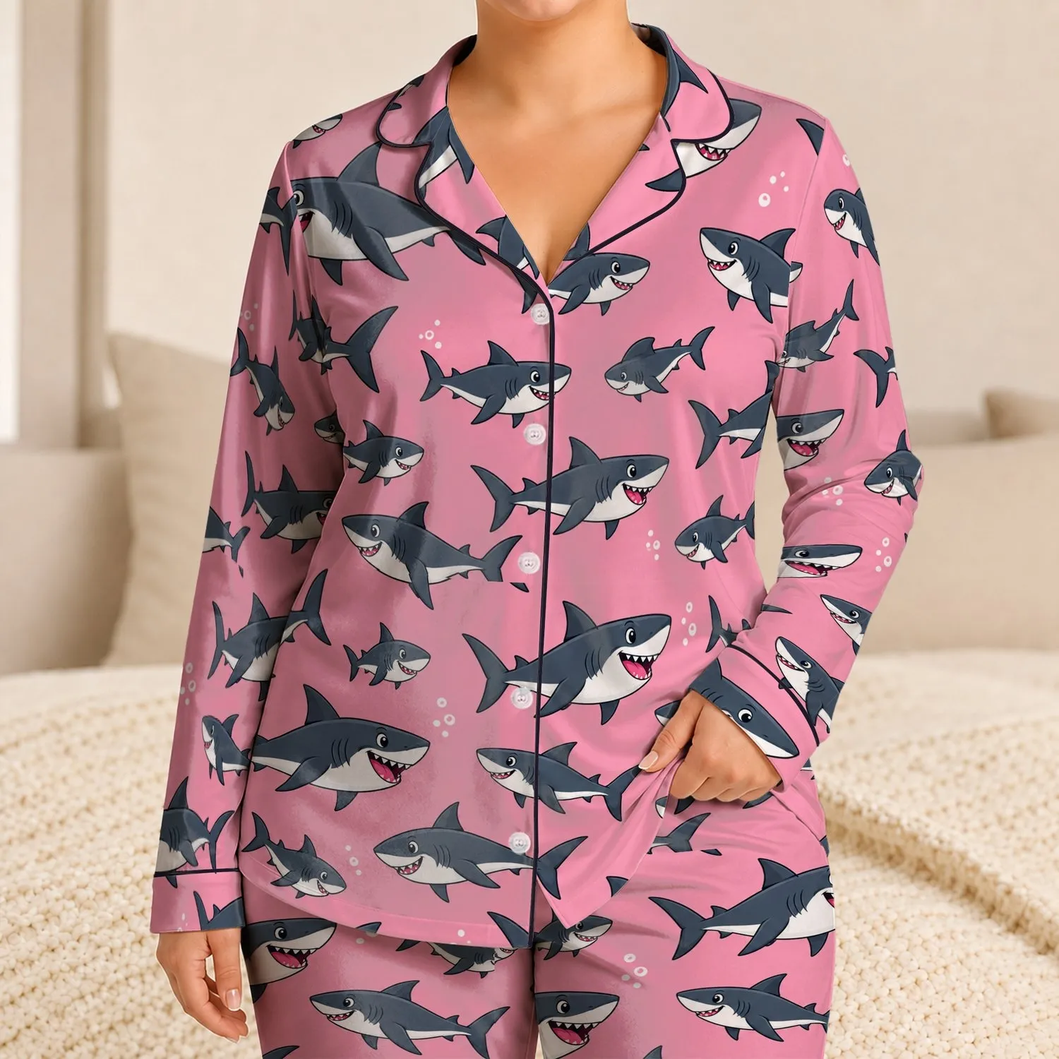 Pink Shark Swimming Scene For Playful Ocean Adventures And Kids Who Love Sea Life Satin Pajamas Set - 1