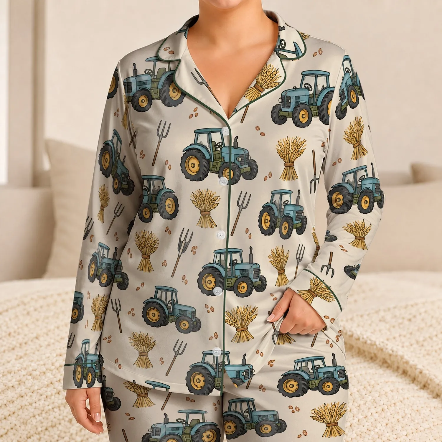 Teal Tractor And Golden Harvest Motifs For Cozy Farmhouse Nights And Little Kids Satin Pajamas Set - 1