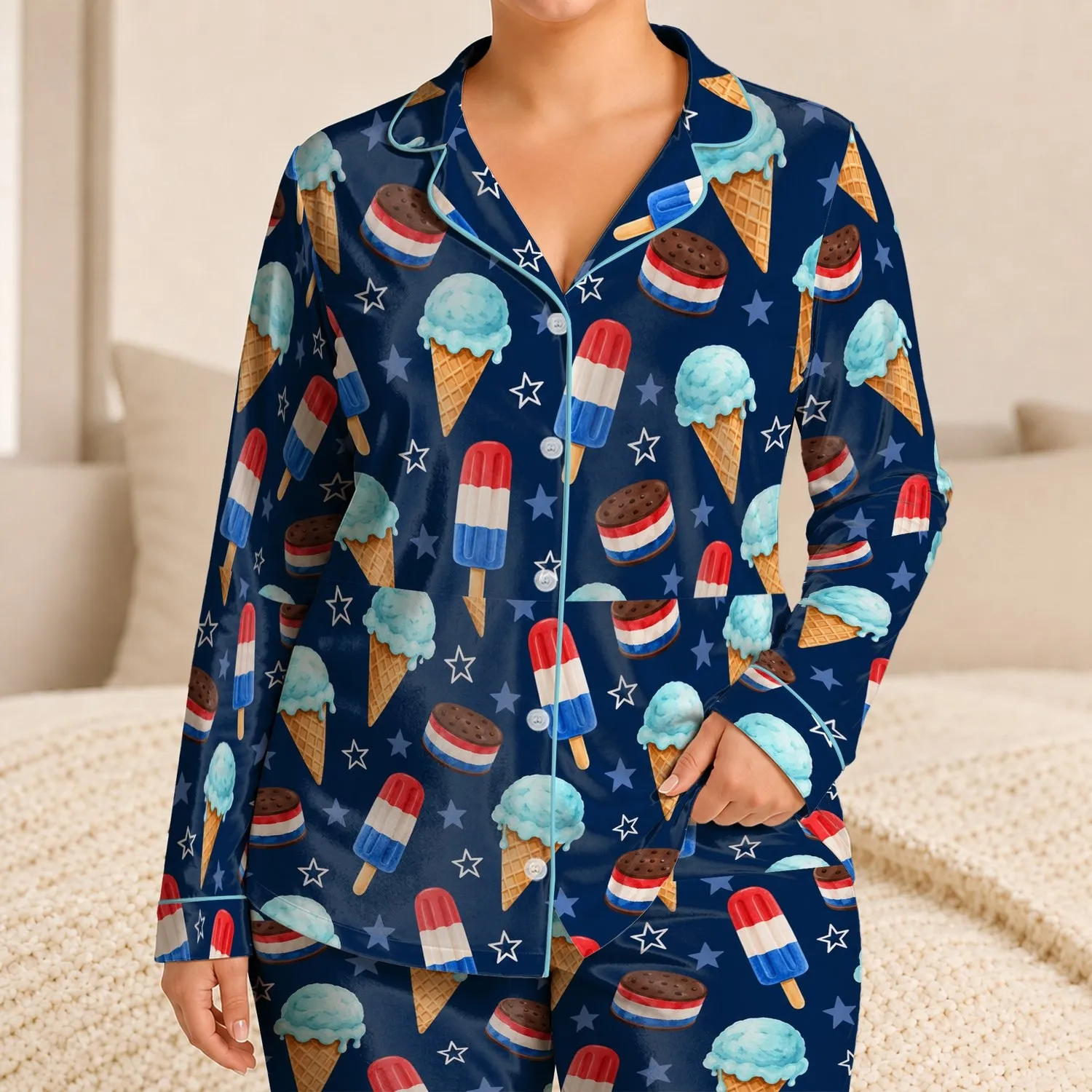 Red White and Blue Ice Cream Cones and Popsicles for Summer Adventures with Toddlers Satin Pajamas Set - 1