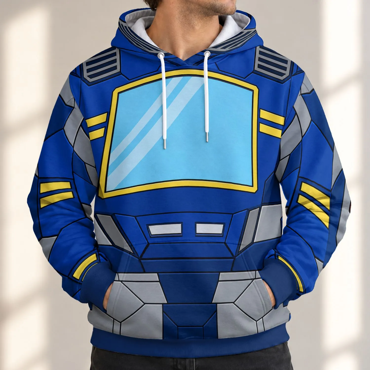 Retro mechanical-character costume surface with a blue body Cyan Chest Screen Yellow Bars and gray segmented panels. All-over Print Hoodie (Lightweight) - 1