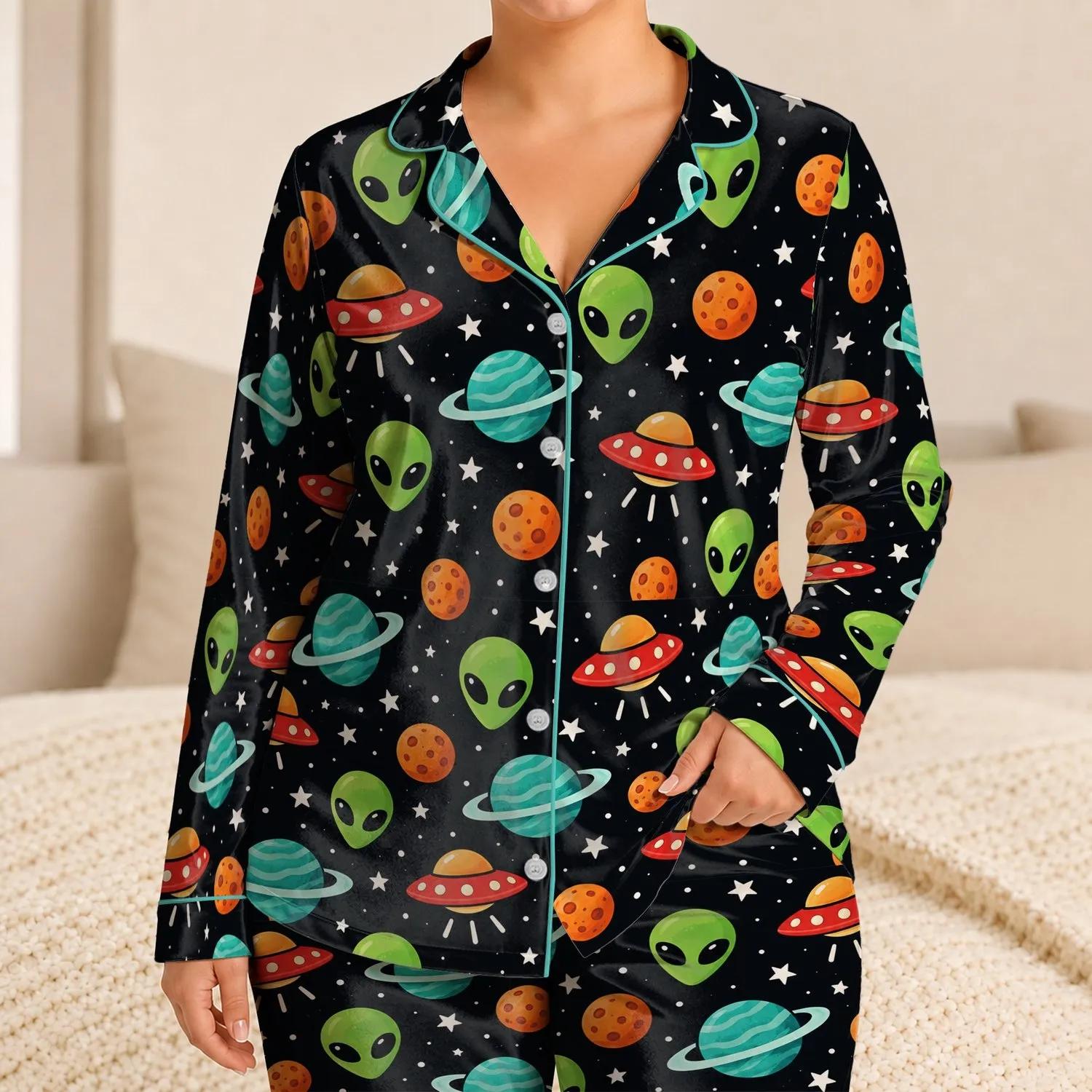 Alien UFO Space Adventure Motifs for Cozy Stargazing Nights and Young Space Explorers for Kids Satin Pajamas Set - 1