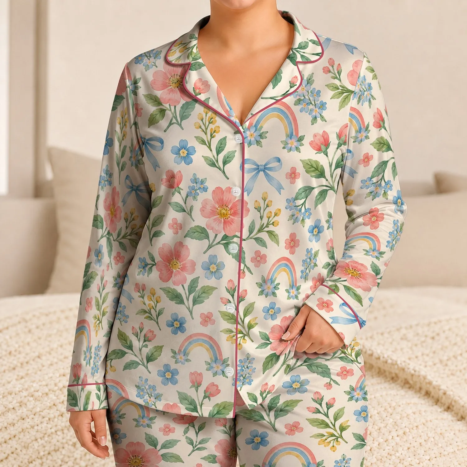 Pastel Garden Flowers, Bows and Rainbows for Cozy Bedtime Moments for Little Girls Satin Pajamas Set - 1