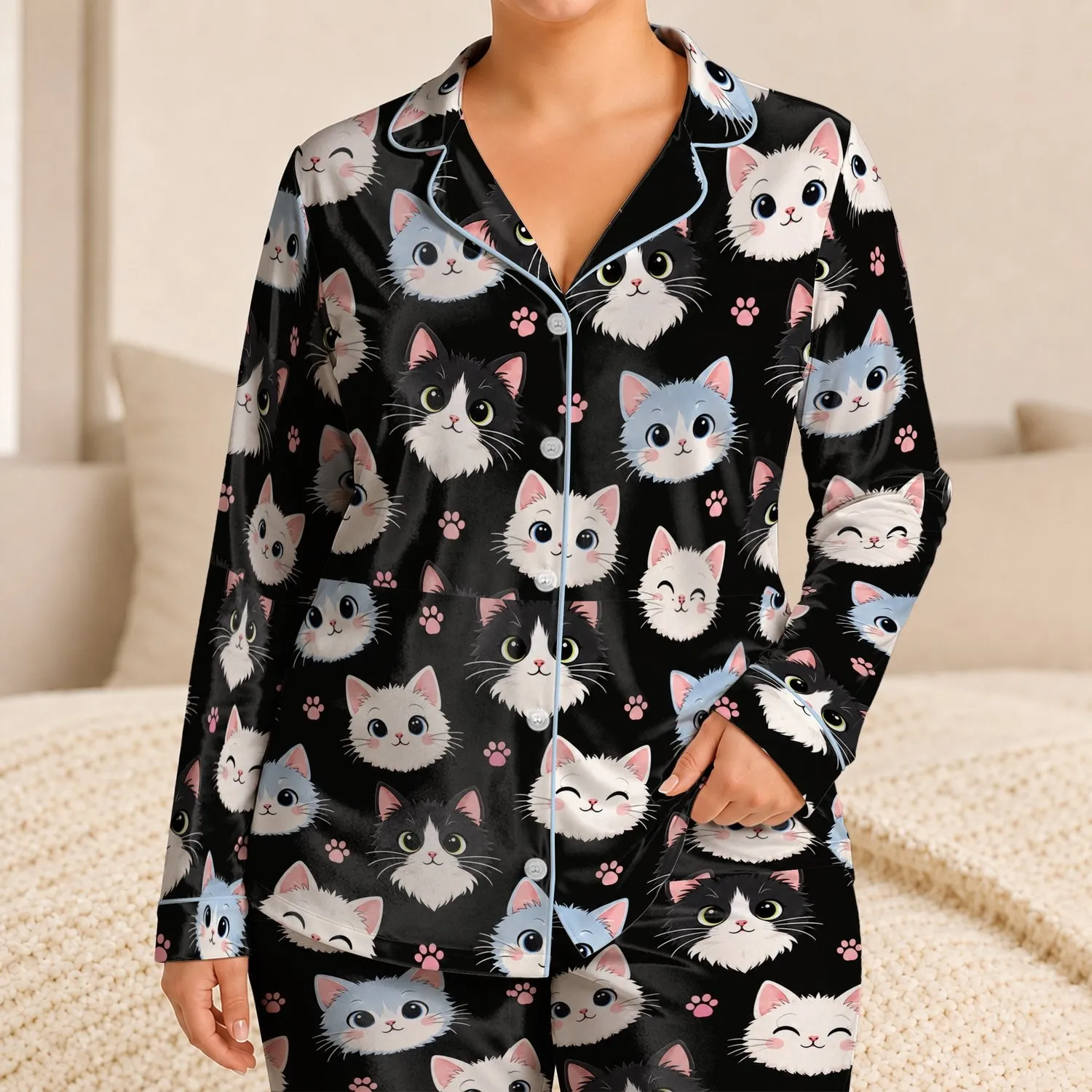Black, White And Pale Blue Cat Faces For Cozy Bedtime And Sweet Little Girls Satin Pajamas Set - 1
