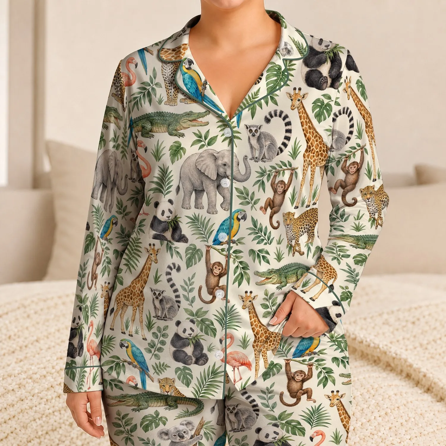 Jungle Animals and Lush Leaves for Cozy Forest-Themed Family Lounging Satin Pajamas Set - 1
