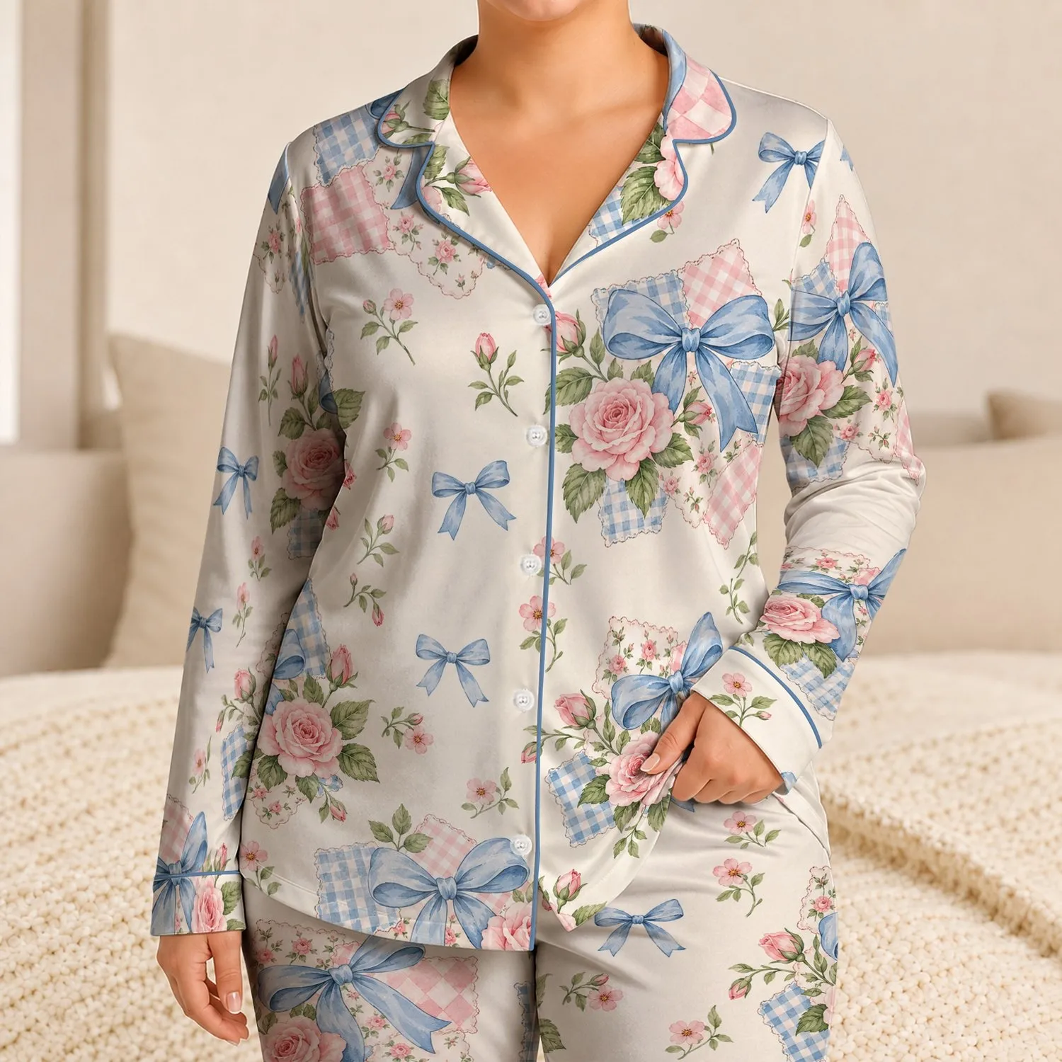 Pastel Bow, Rose and Gingham Keepsake Style for Cozy Nights and Sweet Childhood Gifts Satin Pajamas Set - 1