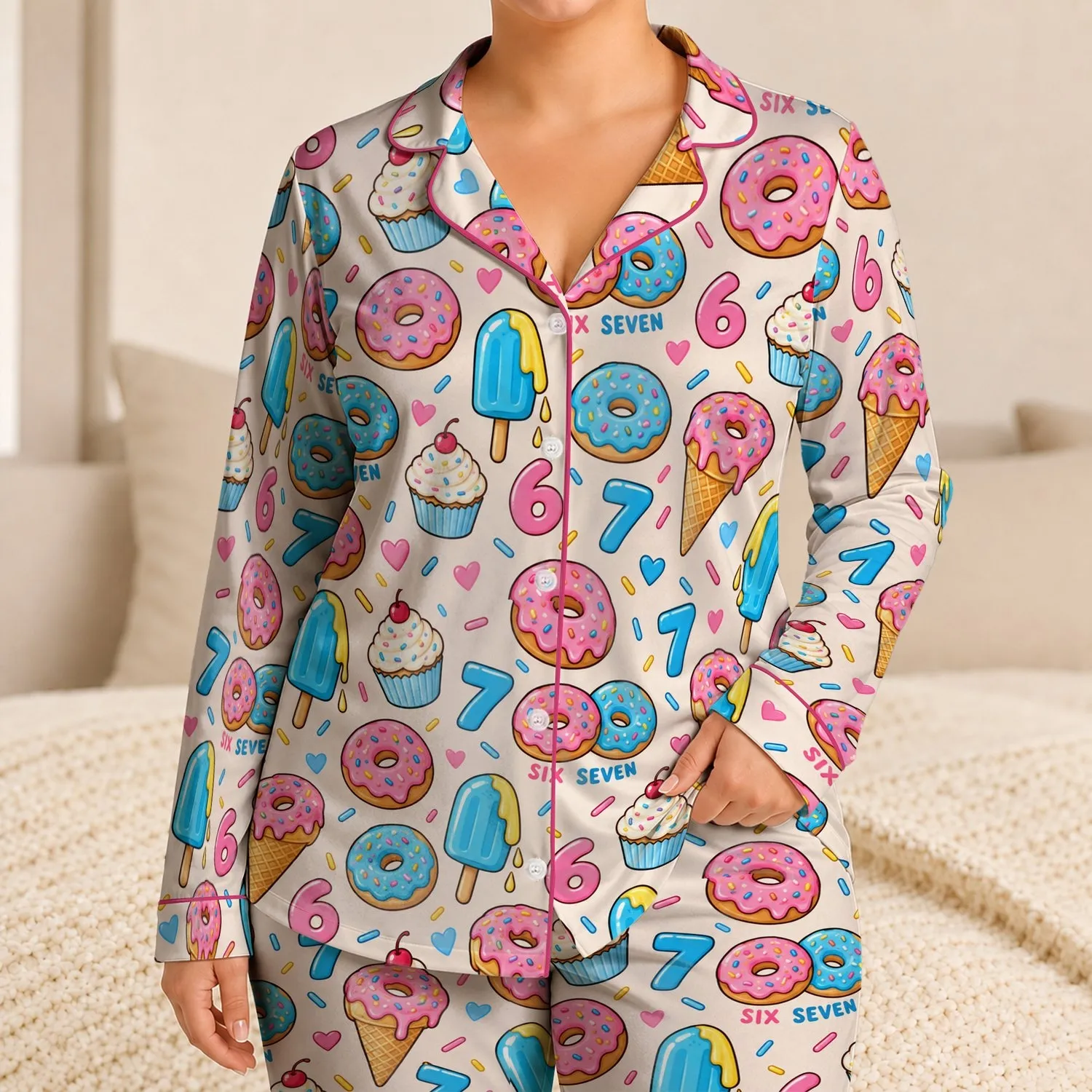 Donut And Ice Cream Treats For Cozy Dessert-Lover Weekends And Sweet Summer Getaways Satin Pajamas Set - 1