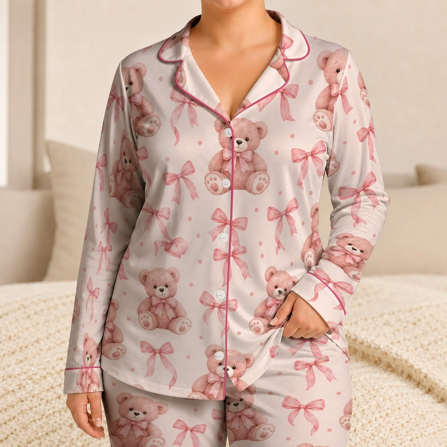 Pink Teddy Bears And Satin Bows For Cozy Family Lounging And Sweet Gift Moments At Home Satin Pajamas Set - 1
