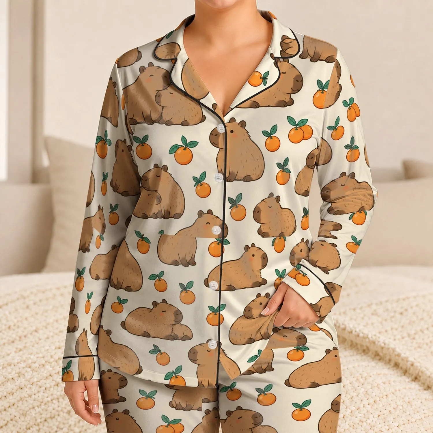 Cozy Capybara and Mandarin Motifs for Relaxing Autumn Evenings with Kids Satin Pajamas Set - 1
