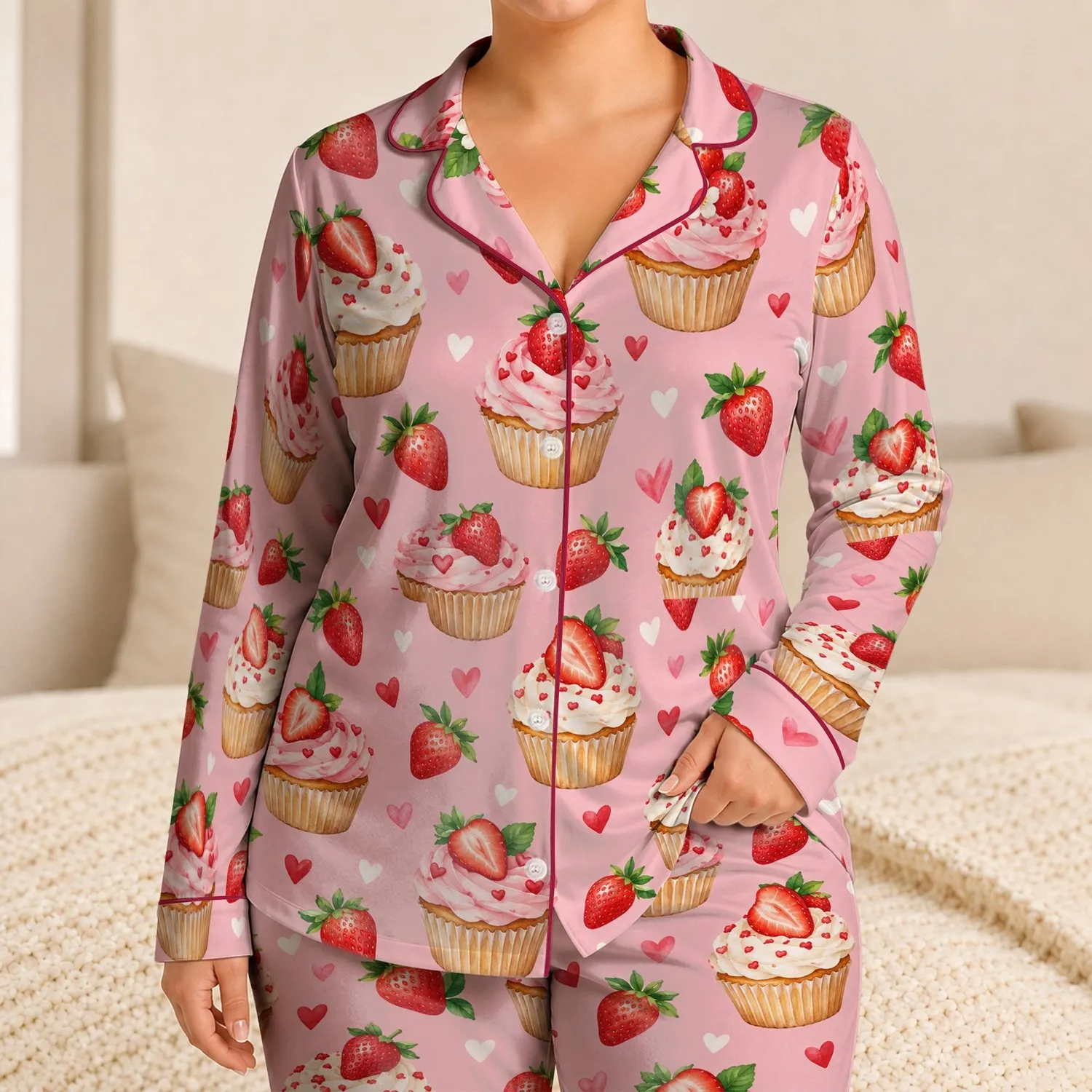 Strawberry Cupcakes And Sweetheart Treats For Cozy Summer Nights For Young Girls Satin Pajamas Set - 1
