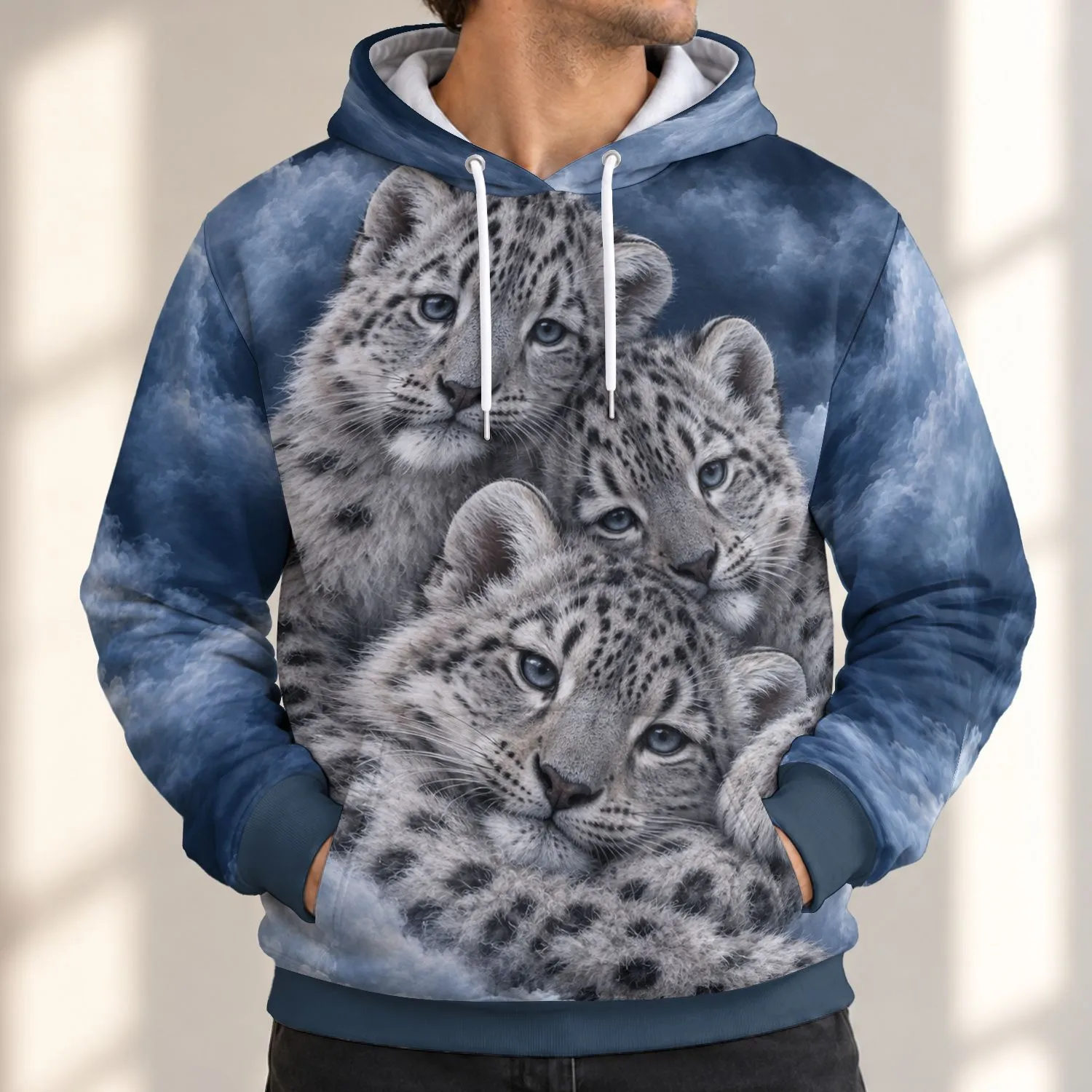 Three Snow Leopard Cubs Cuddling for Cozy Nature Lovers and Relaxed Weekend Adventures All-over Print Hoodie (Lightweight) - 1