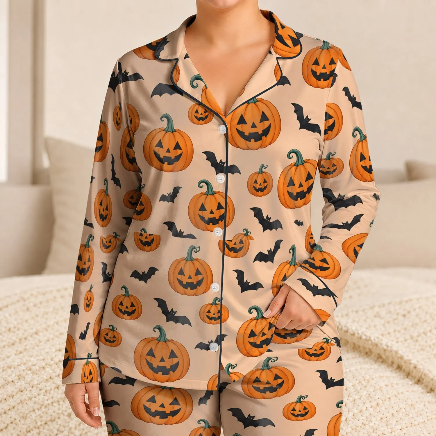 Halloween Jack-o'-Lanterns and Bats for Cozy October Nights and Seasonal Family Fun Satin Pajamas Set - 1