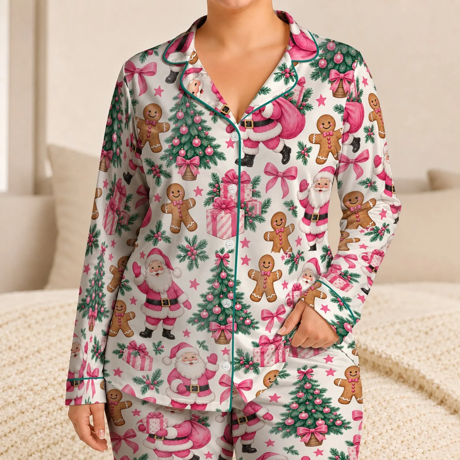Pink Santa Claus, Christmas Trees And Gingerbread For Cozy Winter Holiday Nights At Home Satin Pajamas Set - 1