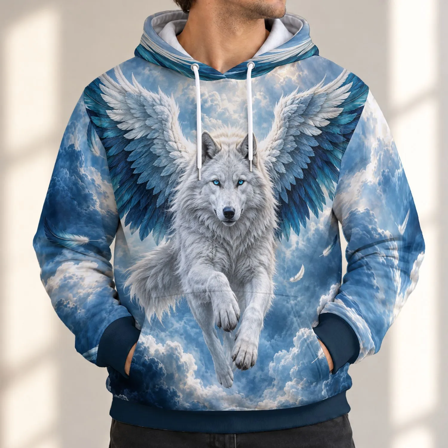 Flying White Wolf with Teal Wings for Outdoor Adventure and Everyday Fantasy Fans All-over Print Hoodie (Lightweight) - 1