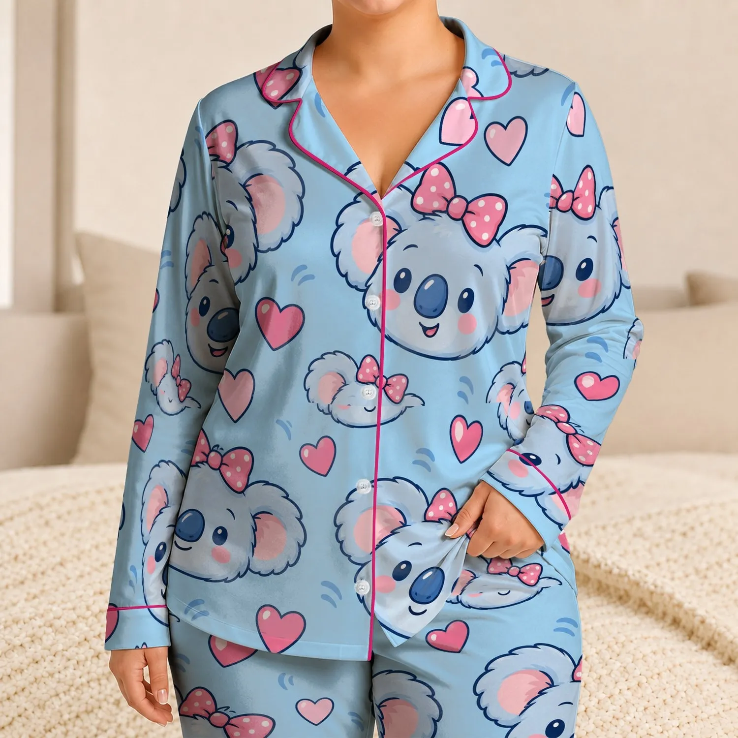 Blue Koala Faces And Pink Hearts For Cozy Family Lounging And Bedtime Satin Pajamas Set - 1